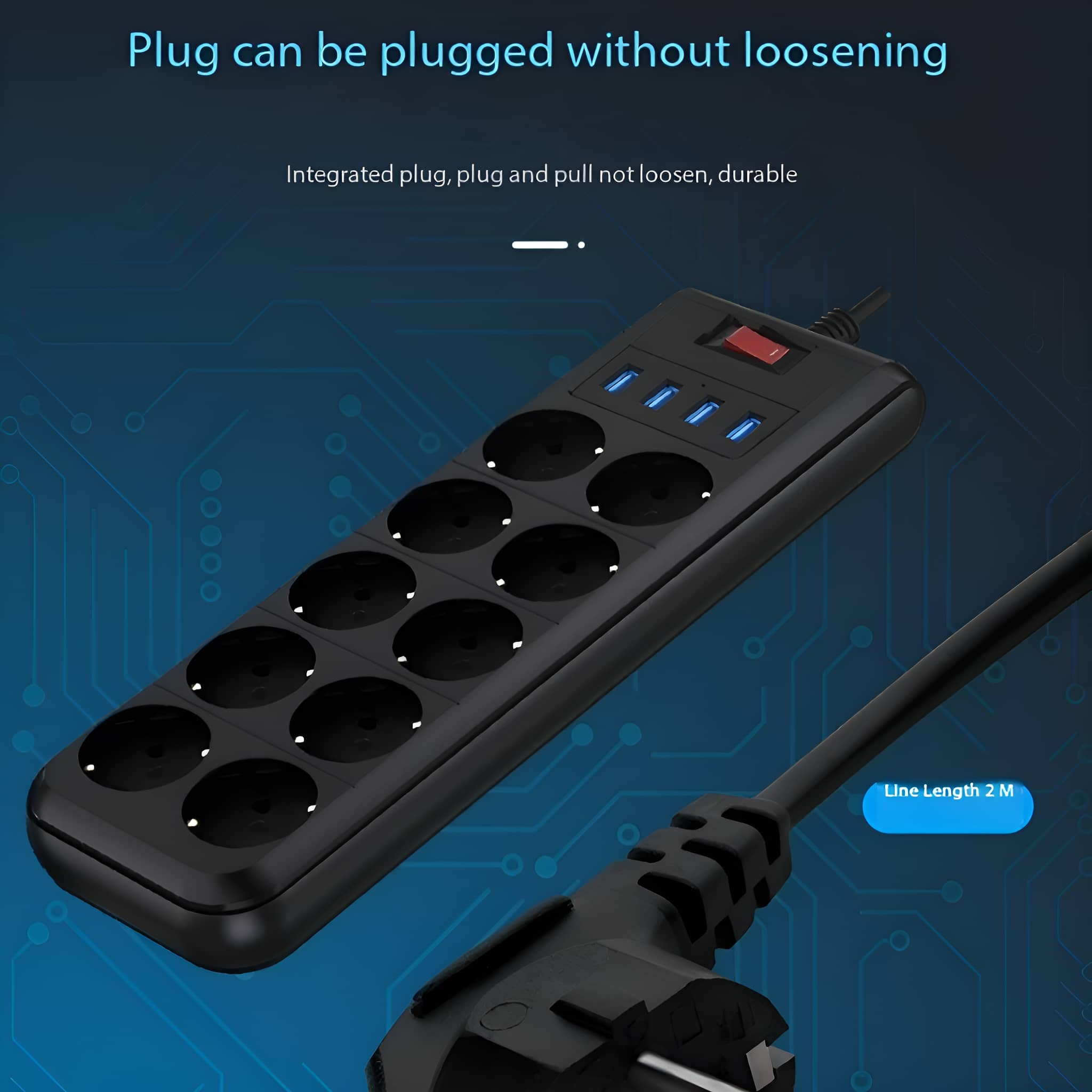 Schwarze Steckdosenleiste mit mehreren Steckdosen, USB-Anschlüssen und einem roten Schalter. Blauer Hintergrund.