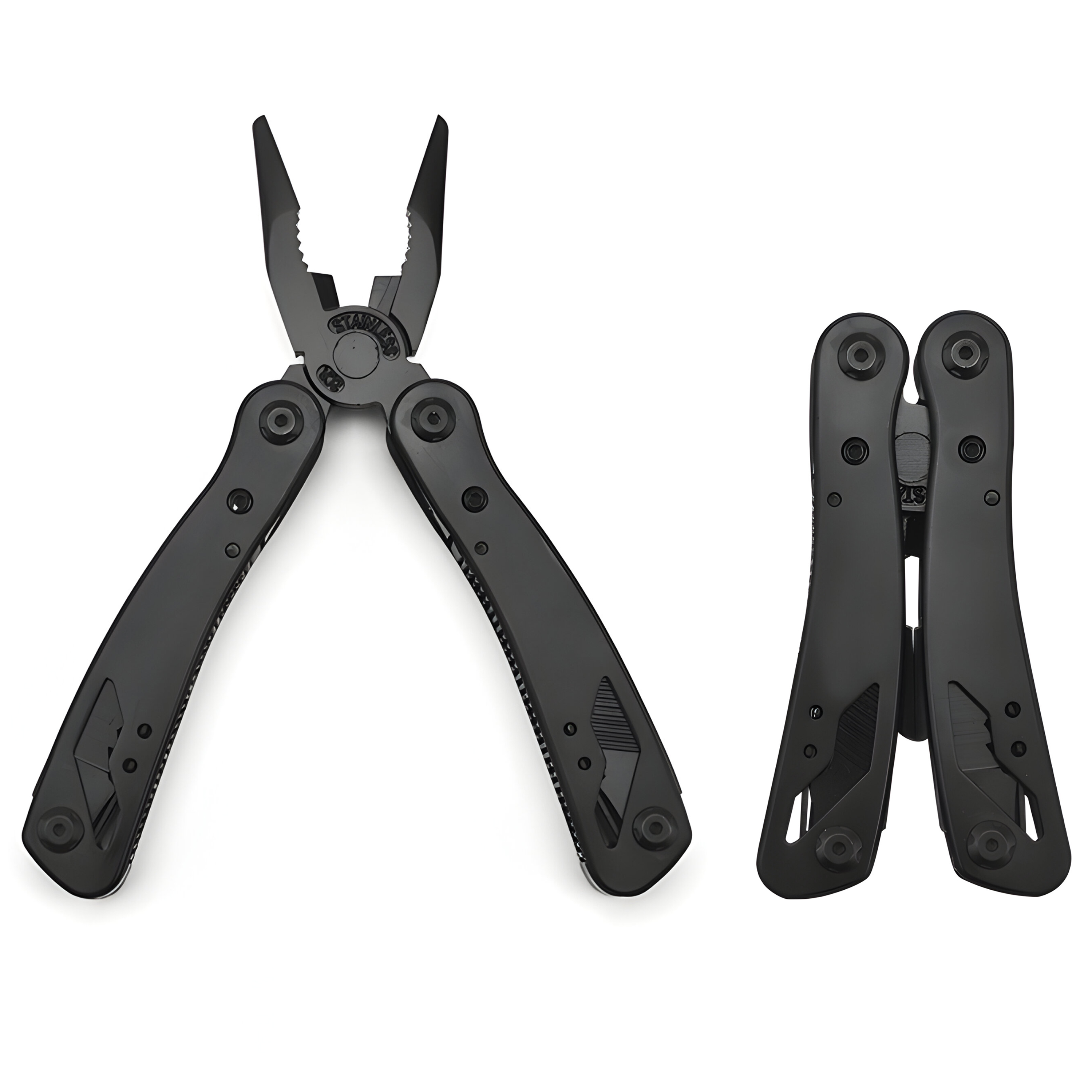 Schwarze Multitool-Zange auf weißem Hintergrund, mit offener und geschlossener Ansicht.