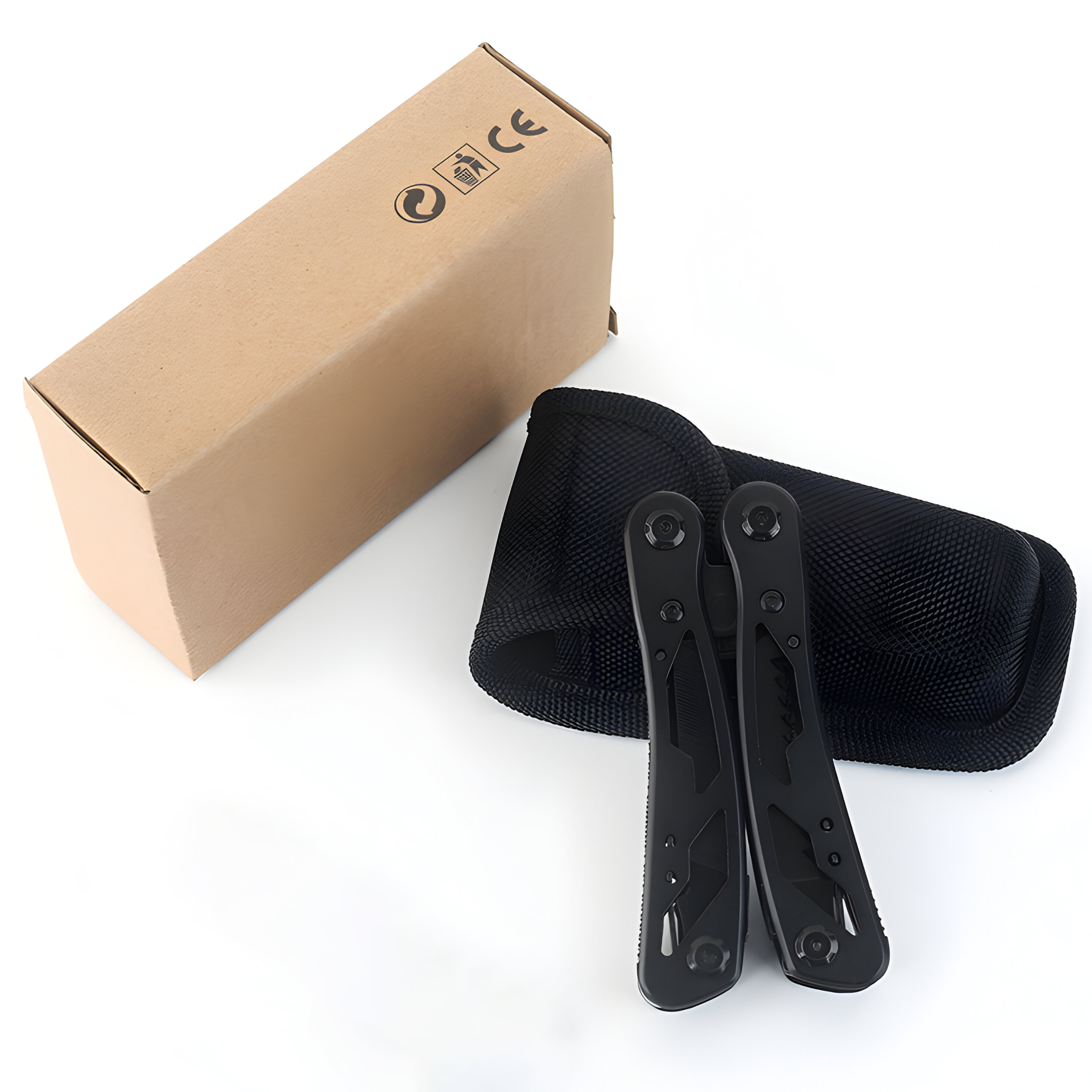 Schwarzes Multi-Tool mit brauner Box und schwarzer Tragetasche.