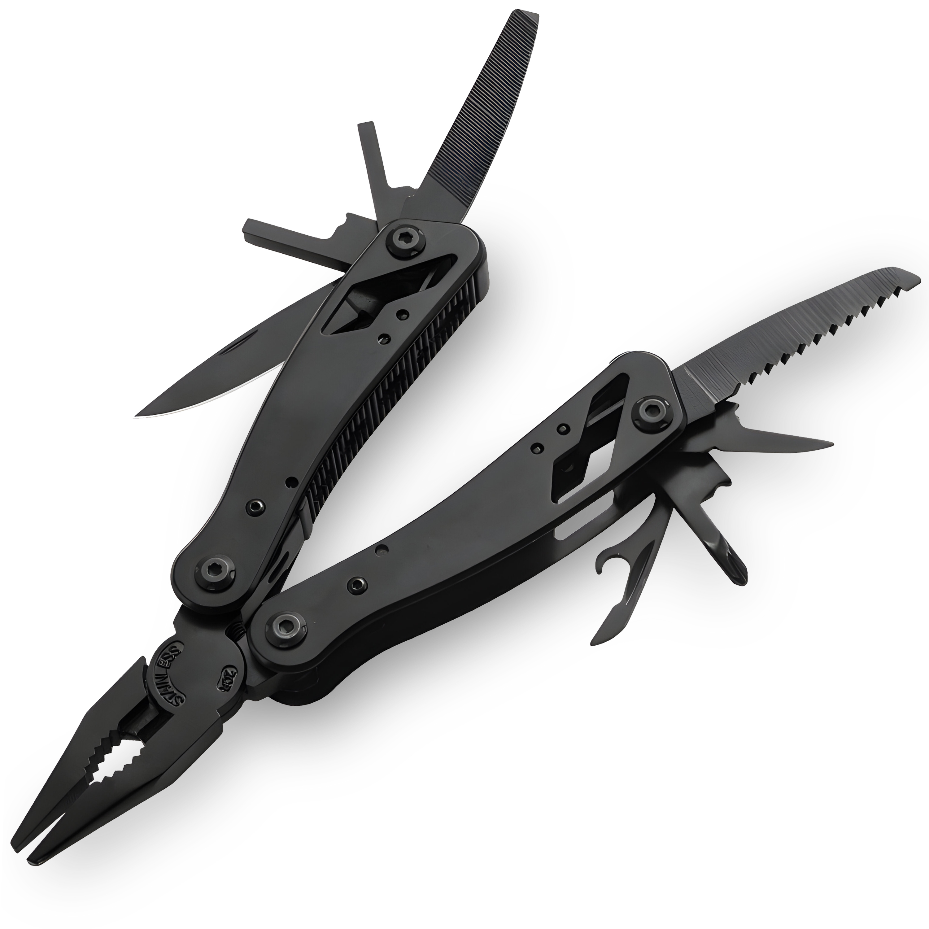 Schwarzes Multitool mit Zange, Säge, Messer und anderen Werkzeugen. Ein robustes, kompaktes und vielseitiges Gadget.