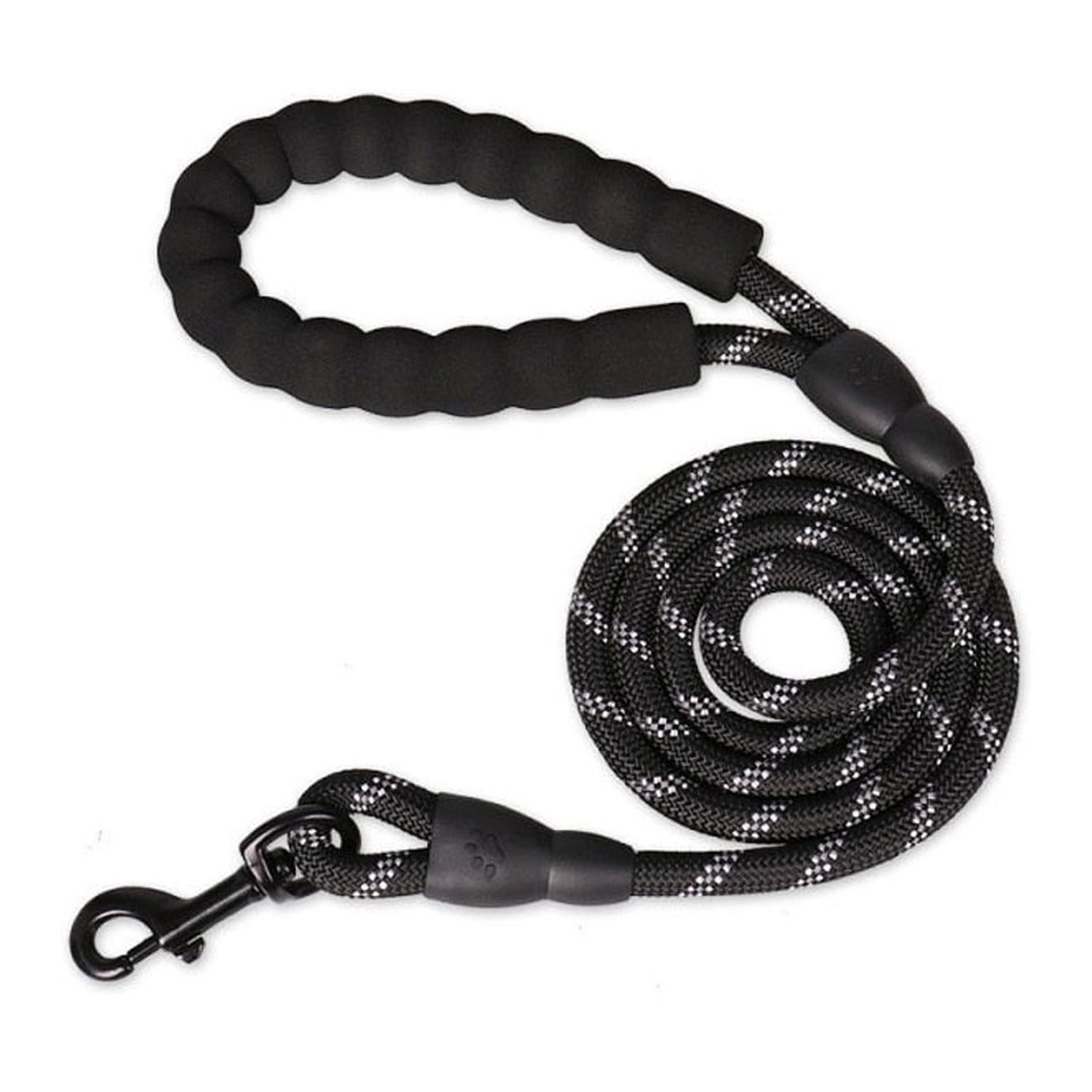Schwarz-weiß Hundeleine mit gepolstertem Griff und Metallclip.