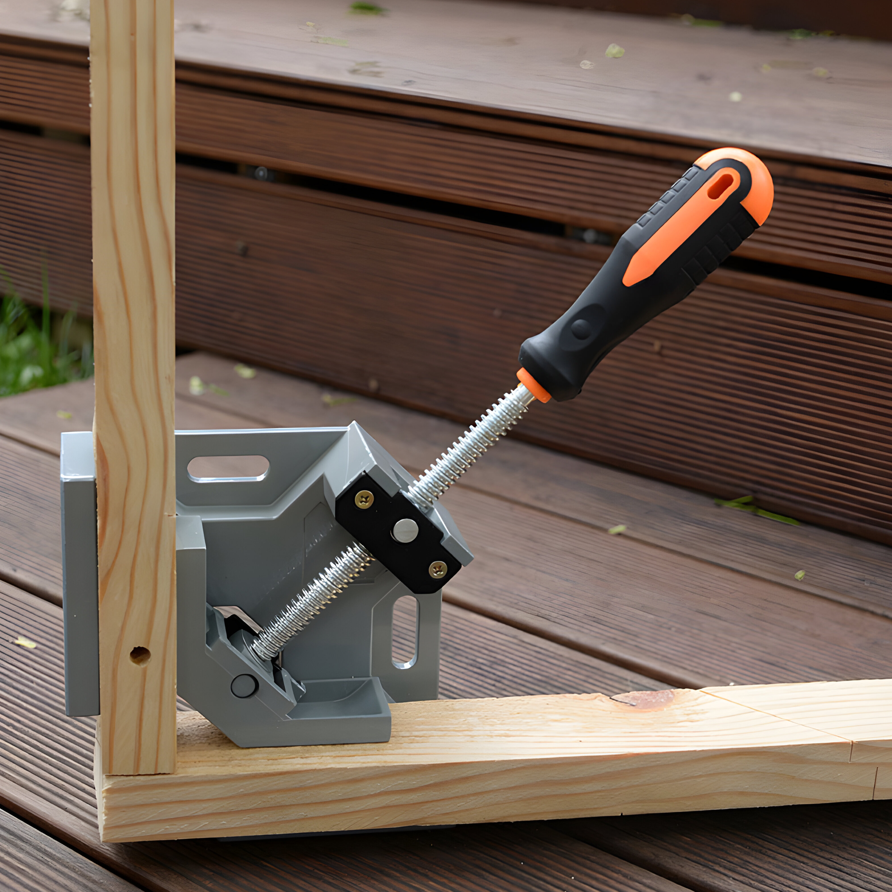 Ein Eckspanner hält zwei Holzstücke zusammen.