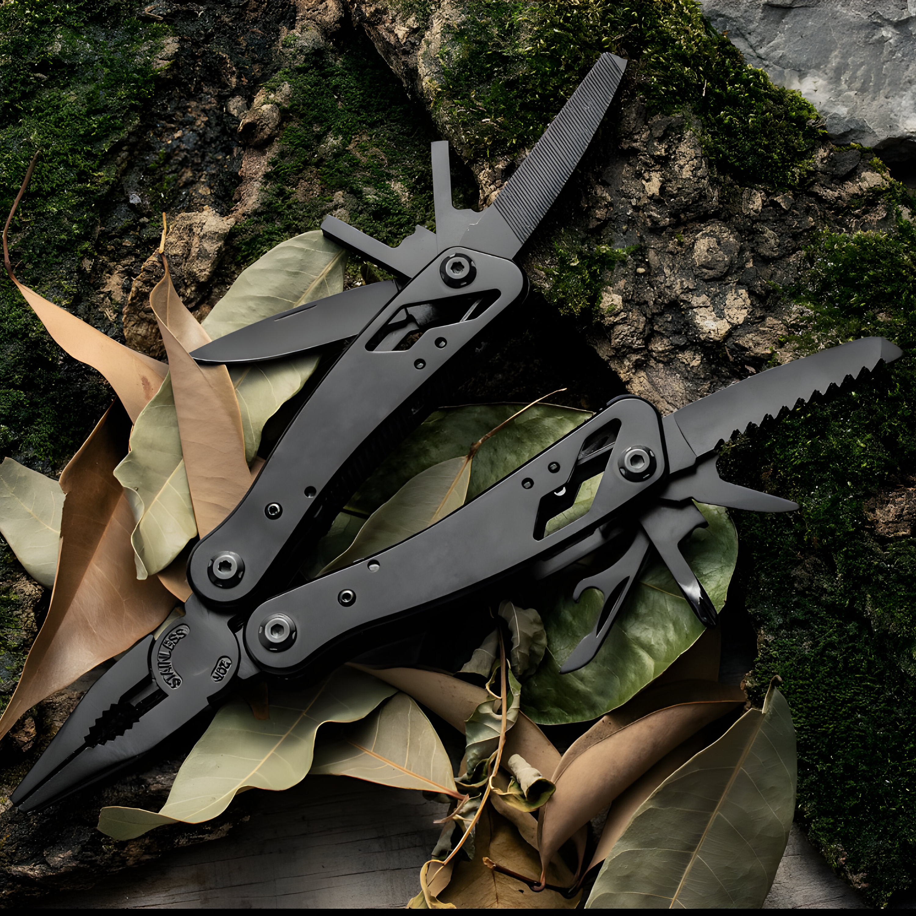 Schwarzes Multi-Tool-Messer auf einem Bett aus Blättern und Moos, mit verschiedenen Werkzeugen ausgeklappt.