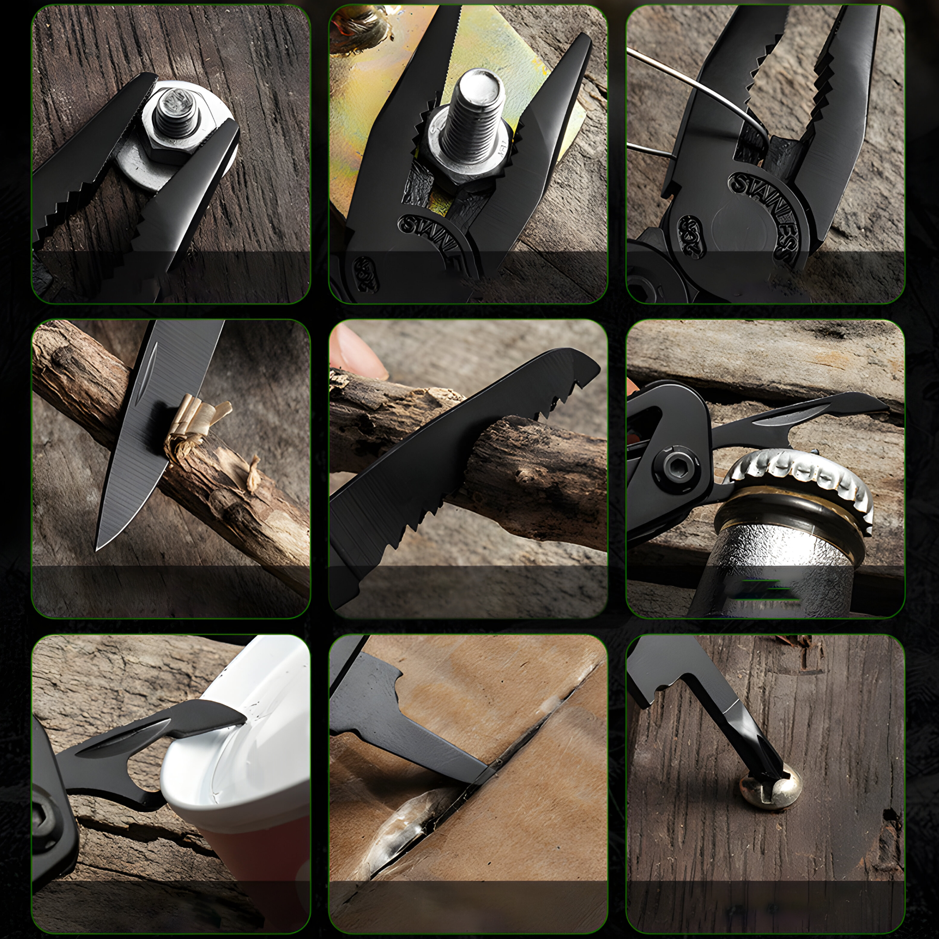 Nahaufnahmen von einem Multitool in Gebrauch. Enthält ein Messer, das Holz schneidet, eine Säge, einen Flaschenöffner und eine Zange an einer Schraube.