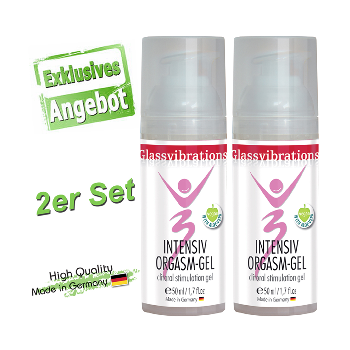 Zwei Flaschen Gel mit Text, 'Intensiv Orgasmus-Gel'. Grünes Banner sagt 'Exklusives Angebot'.
