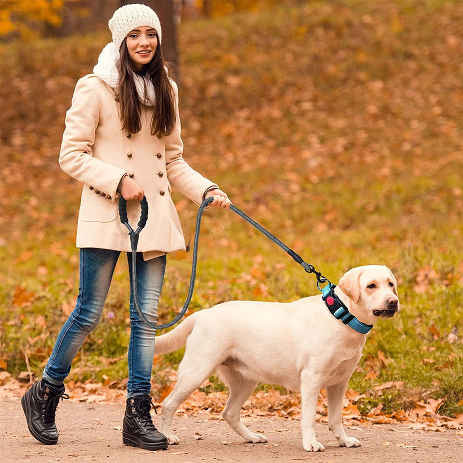 Frau, die einen weißen Hund an der Leine in einem Park mit Herbstlaub auf dem Boden führt.