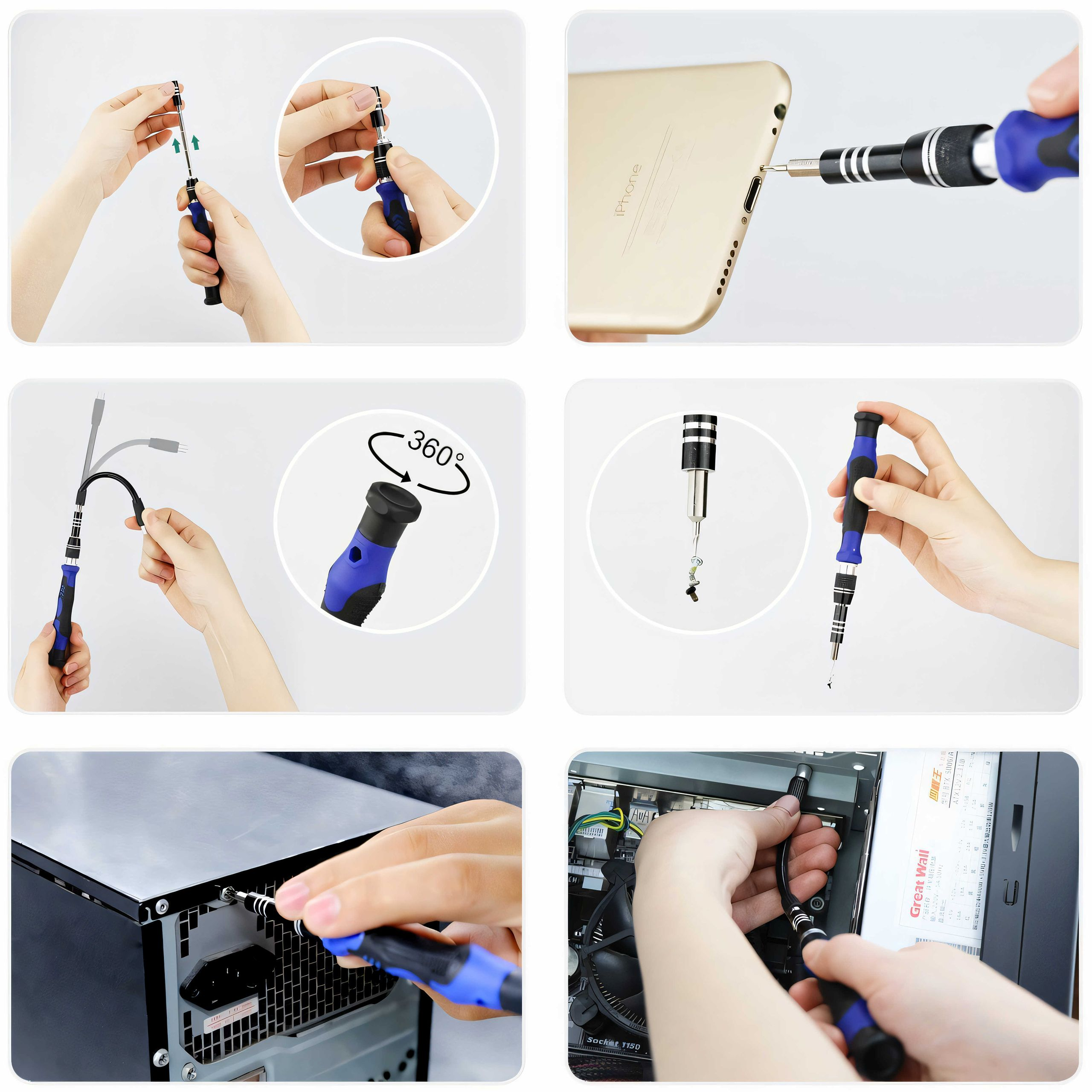 Schritt-für-Schritt-Bilder, die zeigen, wie man einen Schraubendreher an Telefon und Computer verwendet.