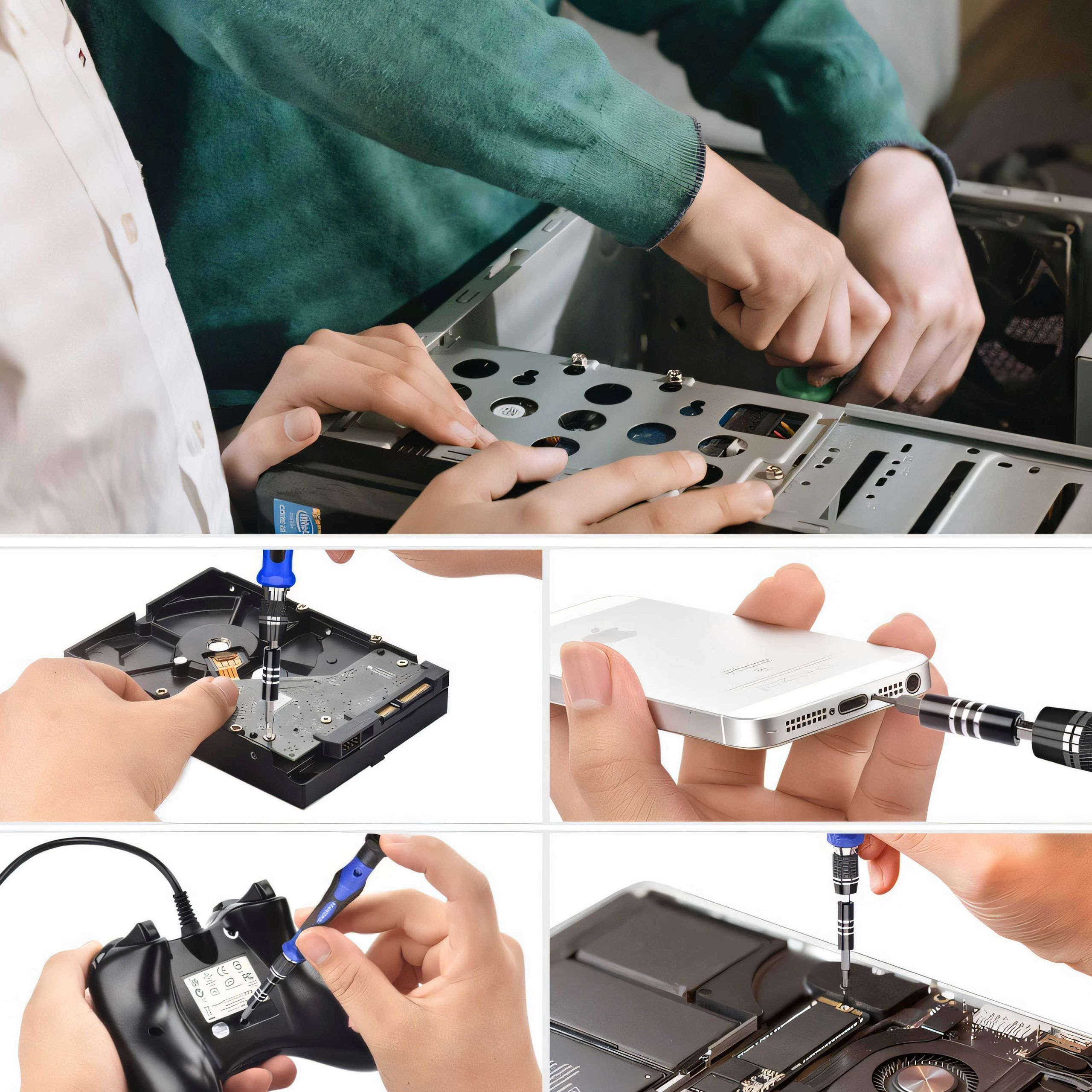 Hände, die Schraubendreher verwenden, um Elektronik zu reparieren: PC, Festplatte, Telefon, Gamecontroller und Laptop.