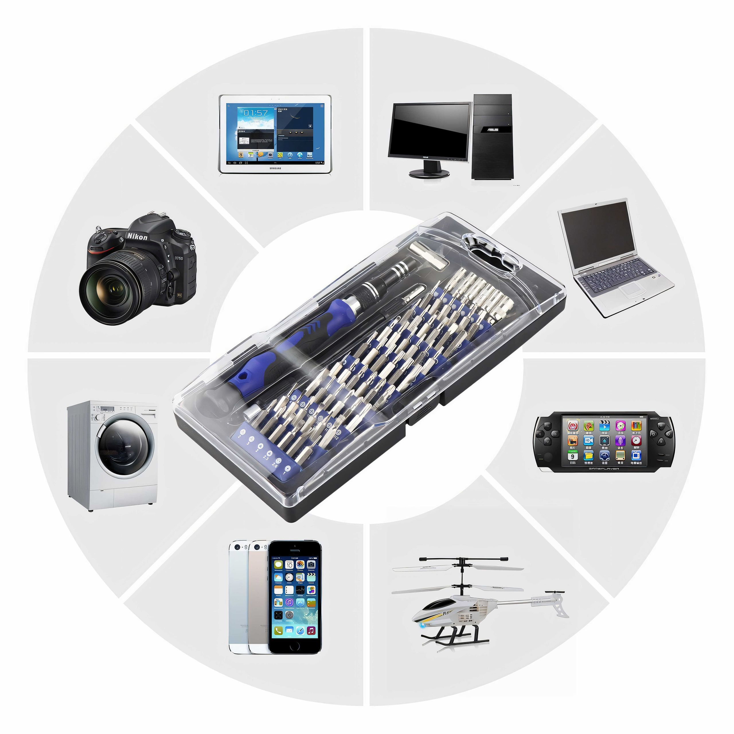 Schraubendreher-Set mit elektronischen Geräten drumherum. Enthält Telefon, Kamera und Computer.