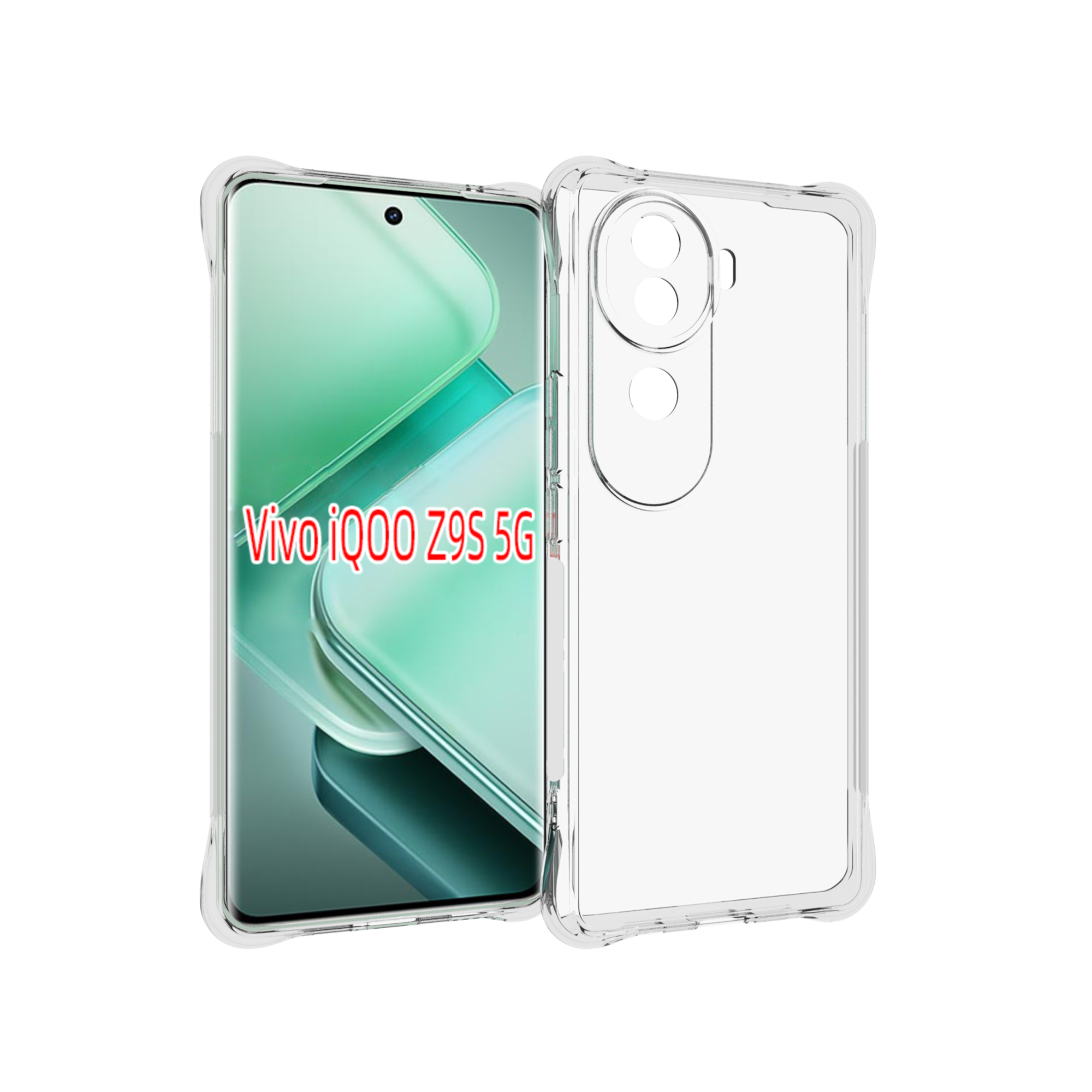 Vivo iQOO Z95 5G-Telefon in einer transparenten Schutzhülle. Weißer Hintergrund.