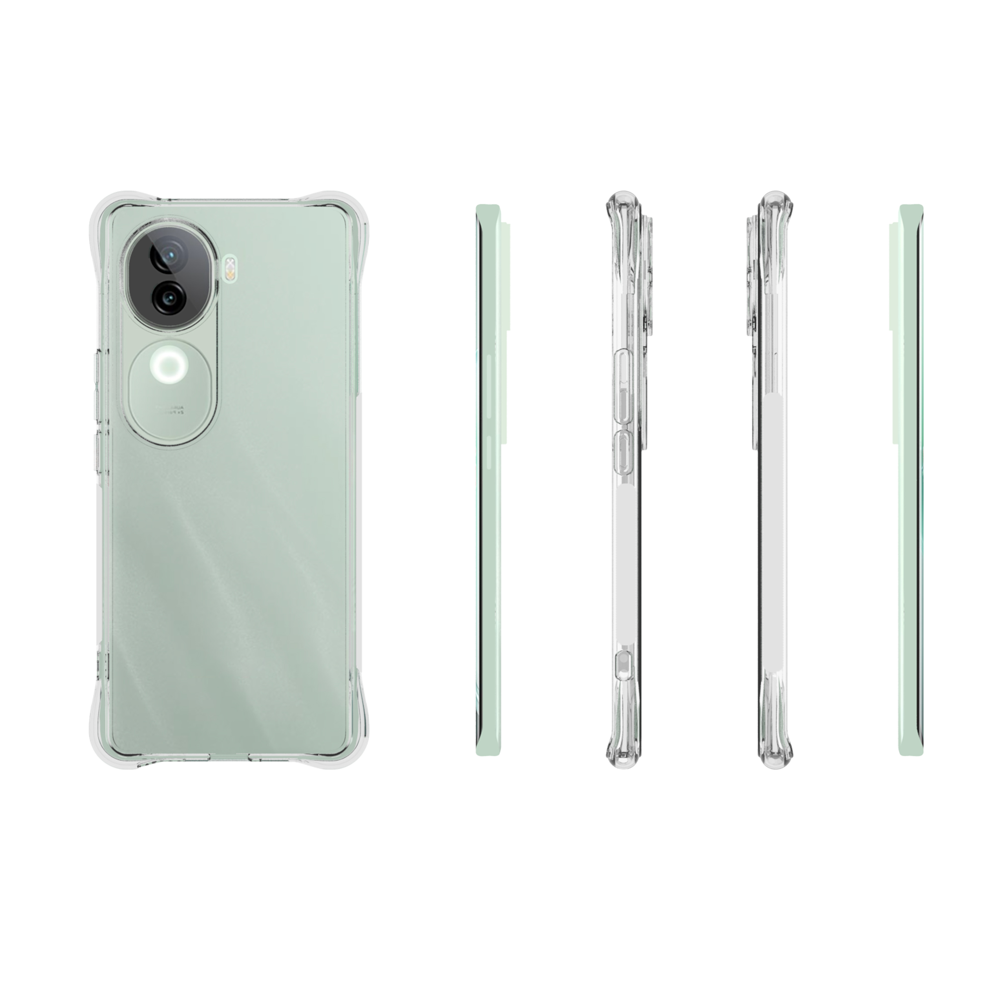 Ein Telefon in einer transparenten Hülle, aus mehreren Blickwinkeln betrachtet, das Hüllendesign zeigend.