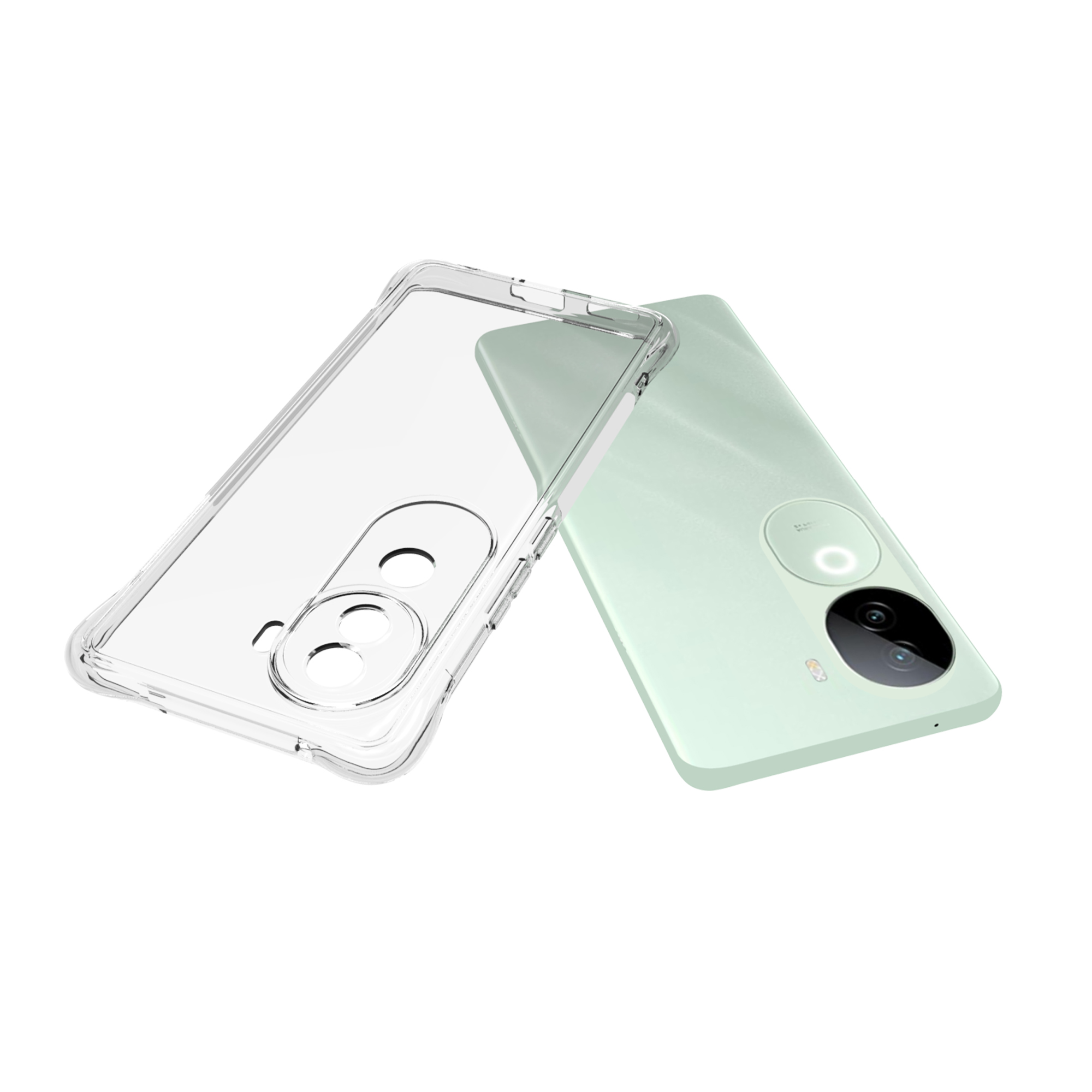 Ein grünes Telefon mit einer durchsichtigen Hülle daneben. Hülle und Telefon sind zueinander abgewinkelt.