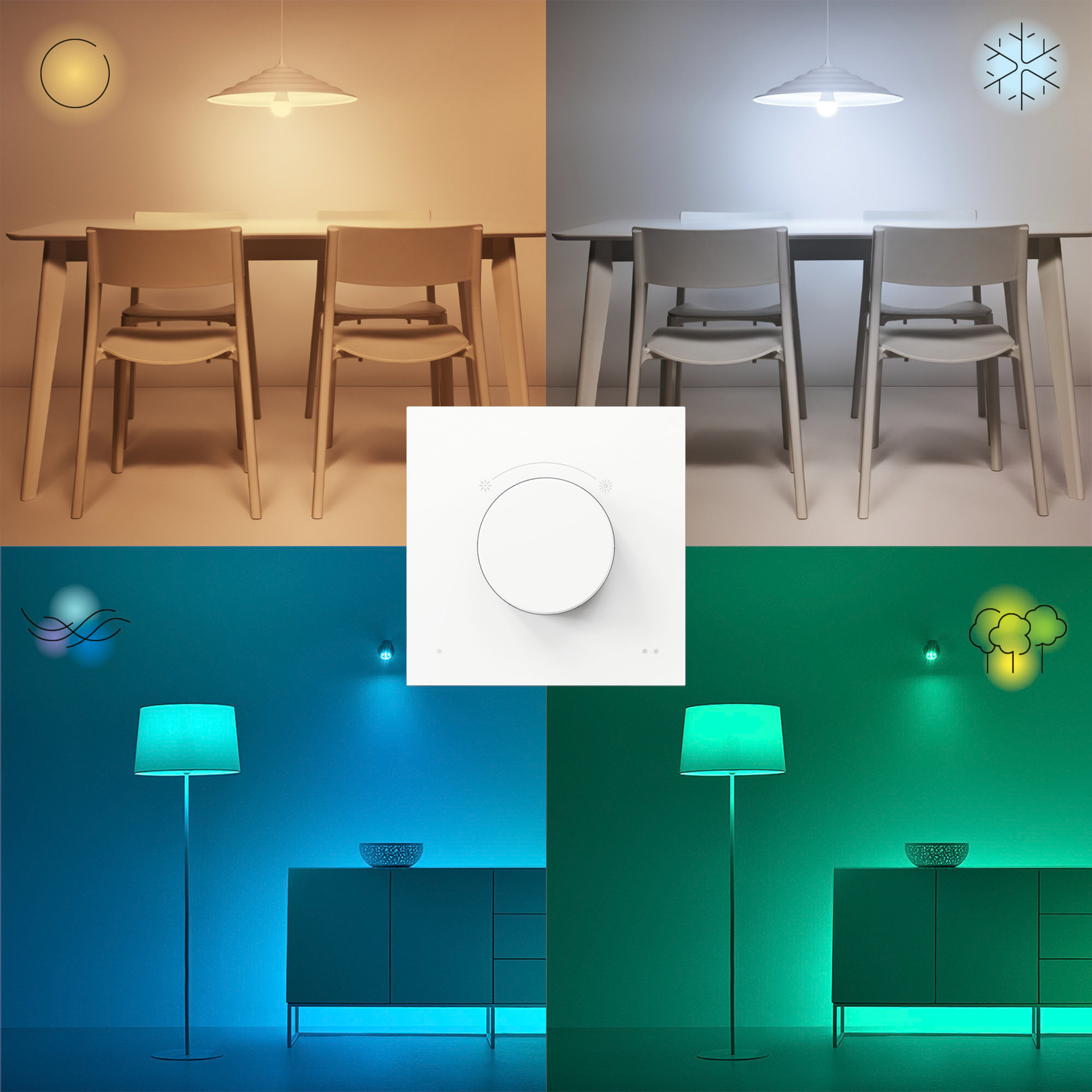 Vier afbeeldingen met verschillende lichtscènes. Een lamp en een tafel zijn in elke scène zichtbaar.