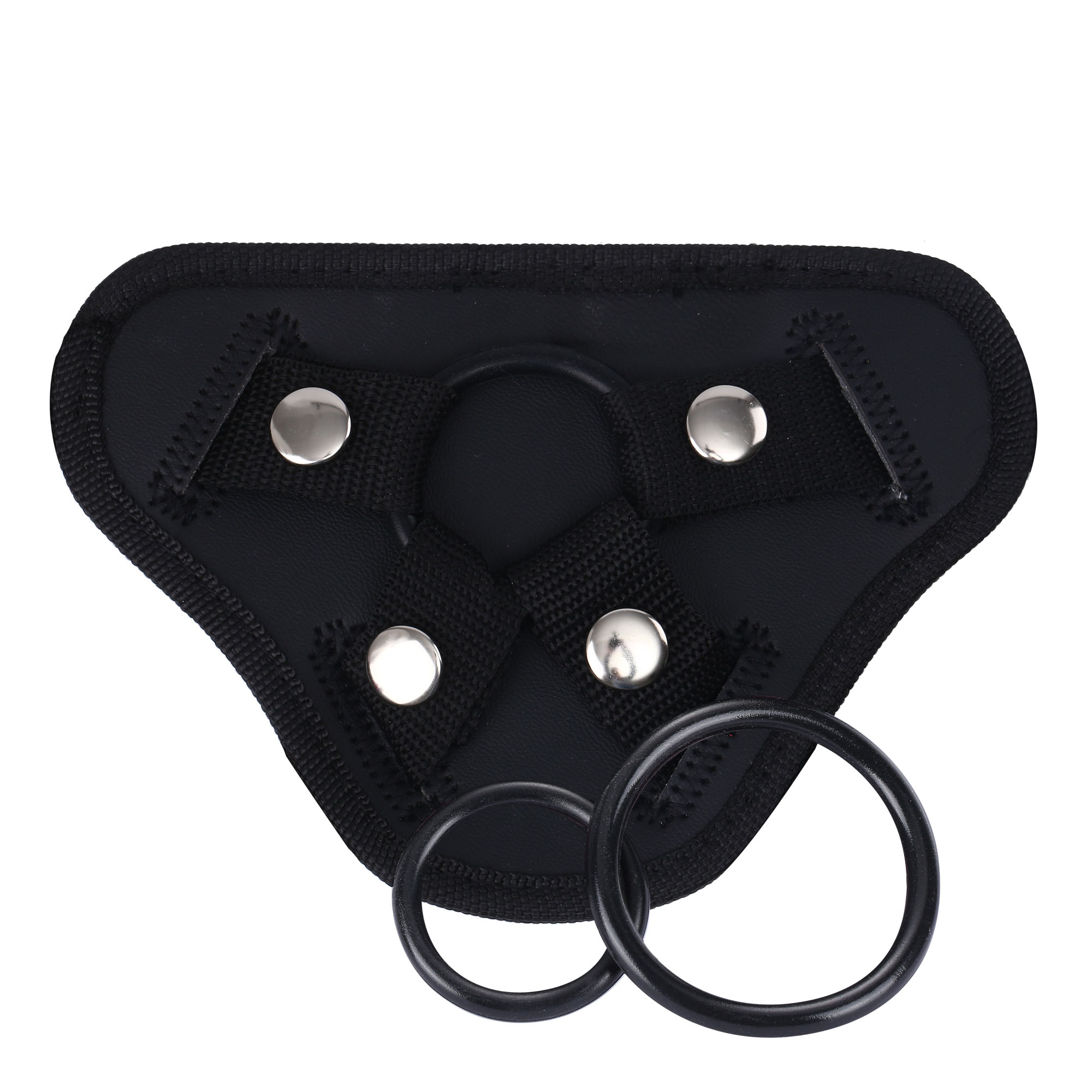Schwarzer Cockring mit drei Riemen und zwei Ringen. Aus schwarzem Material mit silbernen Akzenten.