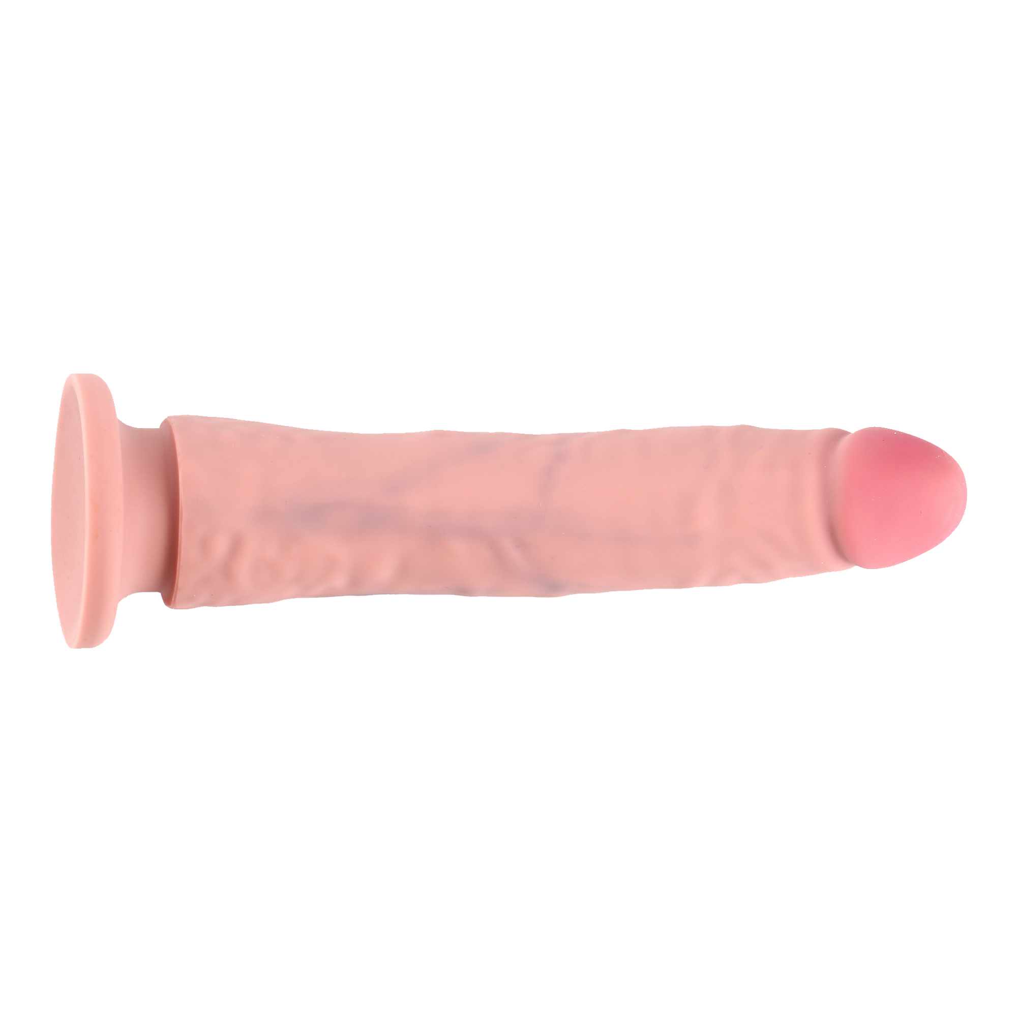 Ein rosa Dildo. Es hat eine hellrosa Farbe. Es ist auf weißem Hintergrund.
