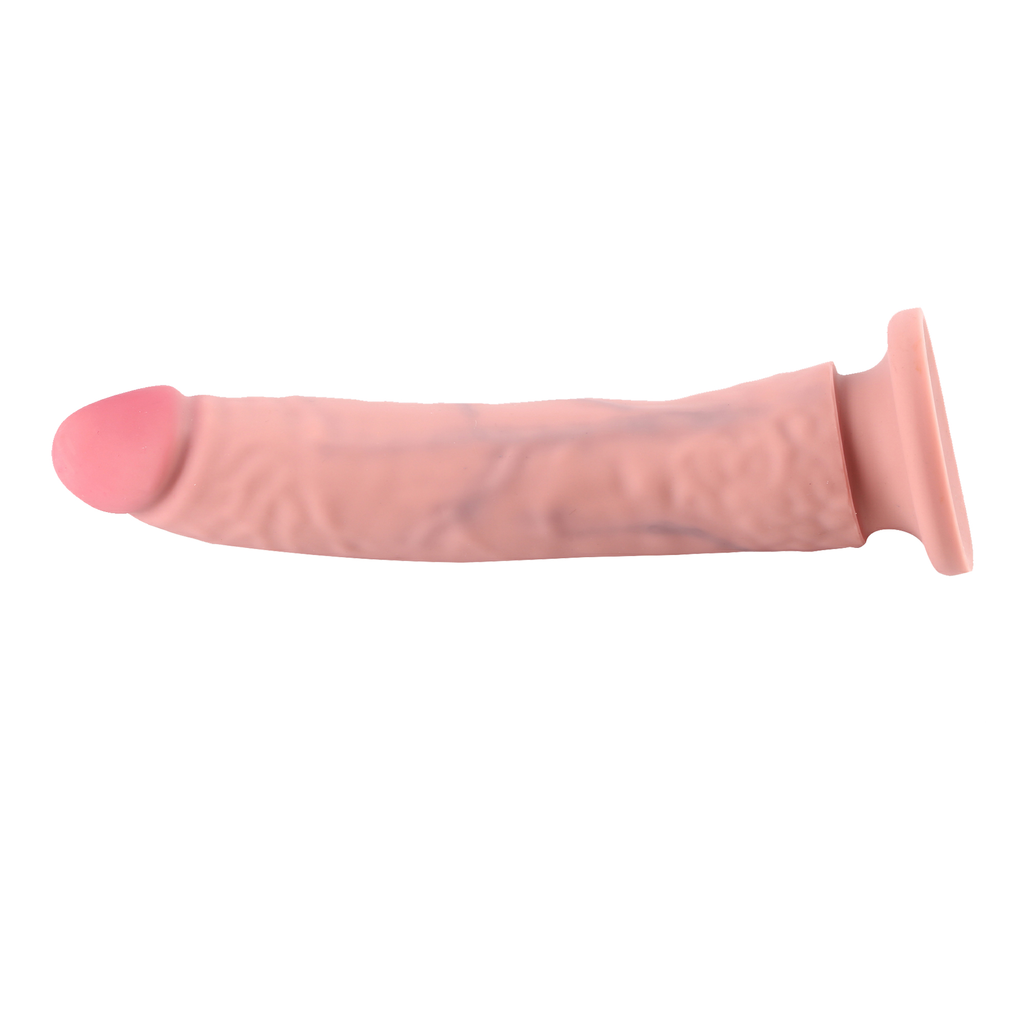 Ein rosa Dildo mit knollenförmigem Kopf und ausgestellter Basis, vor weißem Hintergrund. Es ist ein Sexspielzeug.