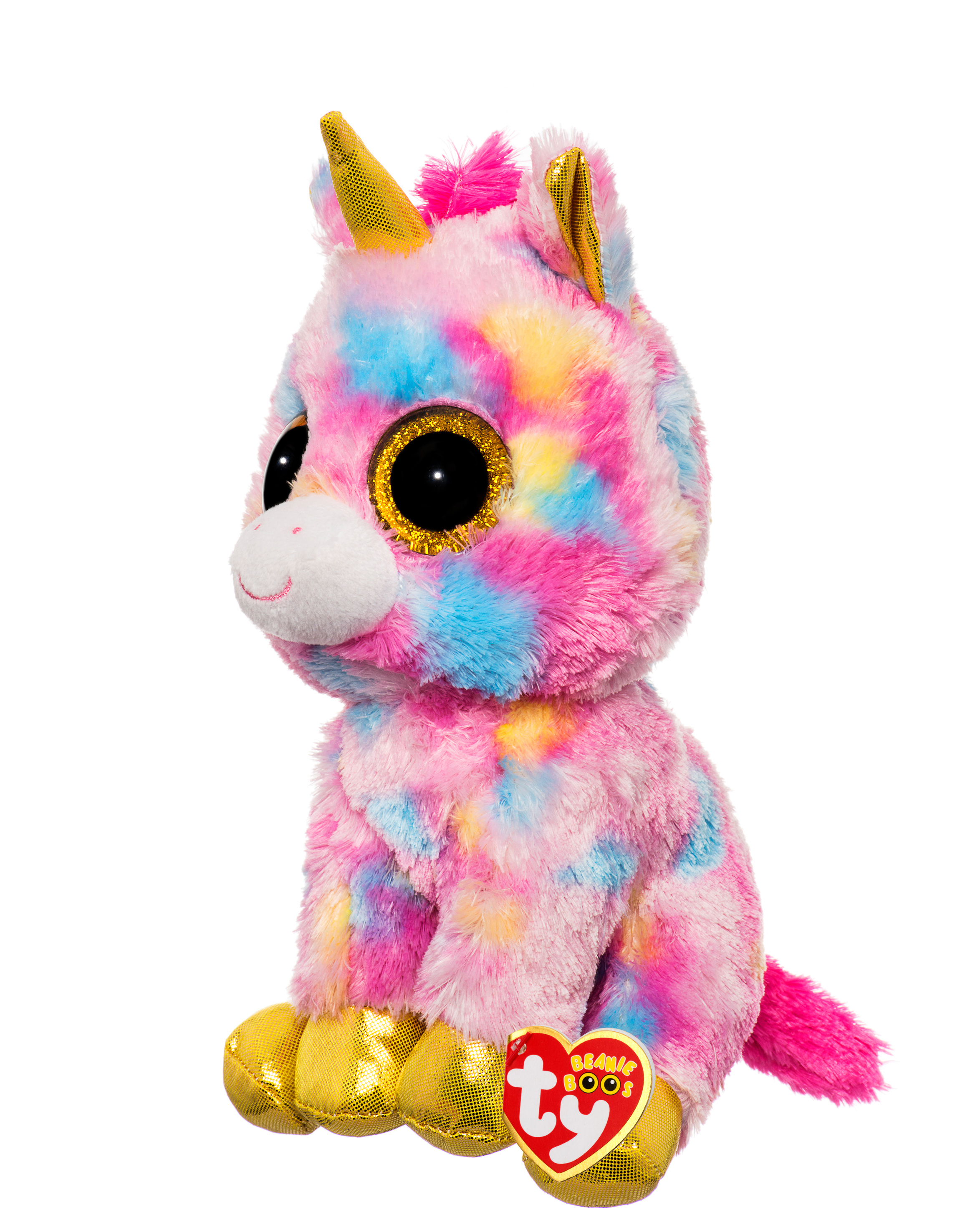 Ein farbenfrohes Einhorn-Plüschtier. Es hat goldene Hörner, Hufe und Augen, mit rosa und blauem Fell.