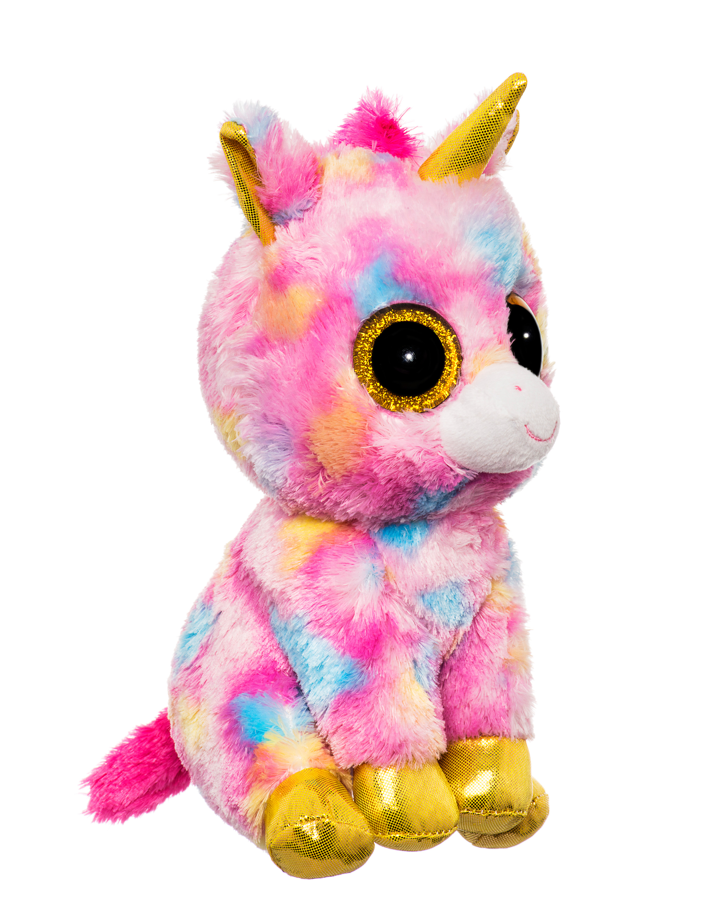 Ein buntes Stoff-Einhorn mit großen Augen und goldenen Details vor weißem Hintergrund.