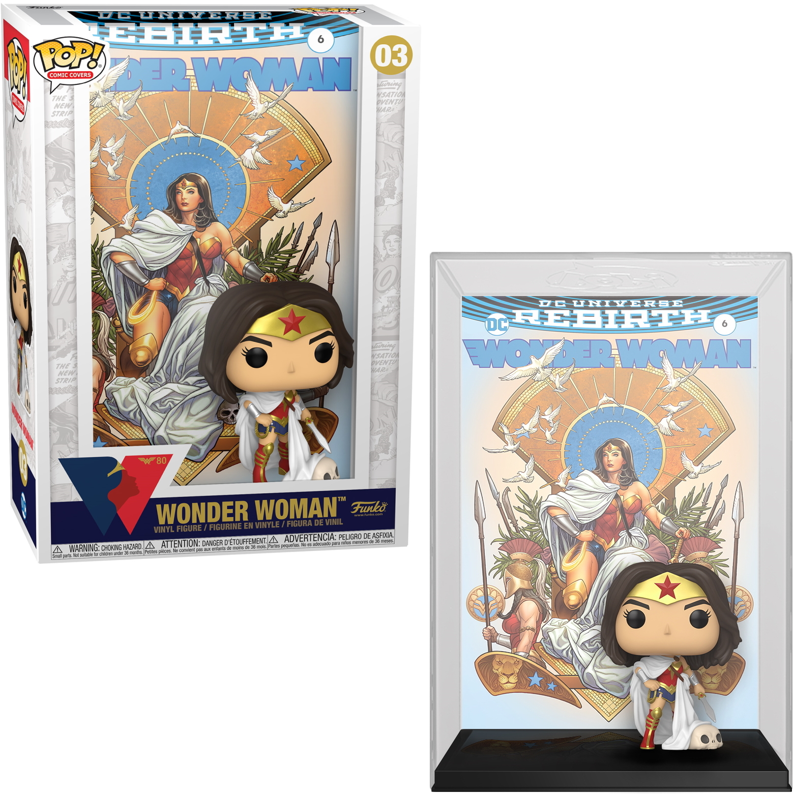 Wonder Woman Funko Pop Figur mit Box und Vitrine. Figur in weißer und goldener Kleidung.