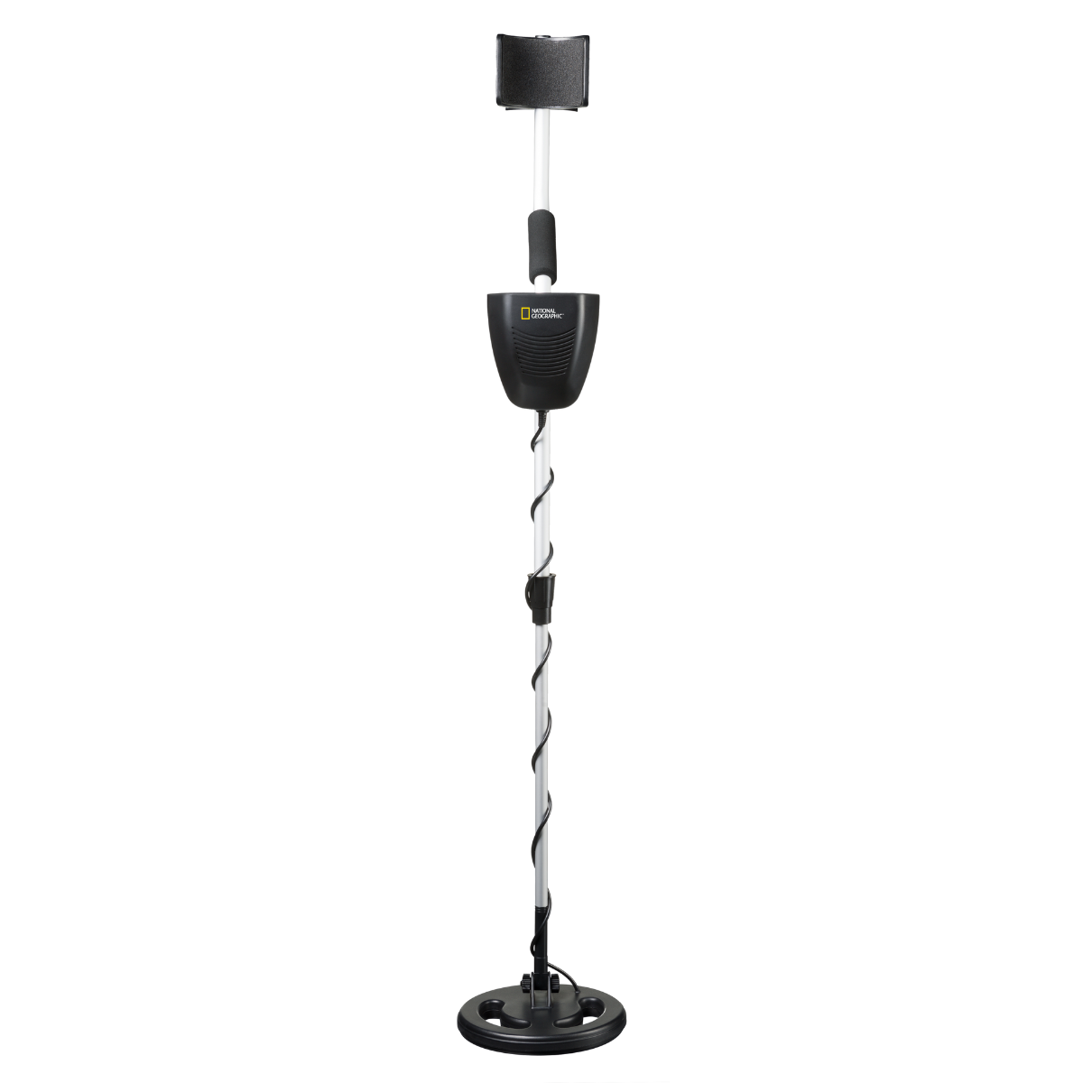 Detector de metales sobre un fondo blanco. Dispositivo en blanco y negro con mango y bobina de búsqueda.