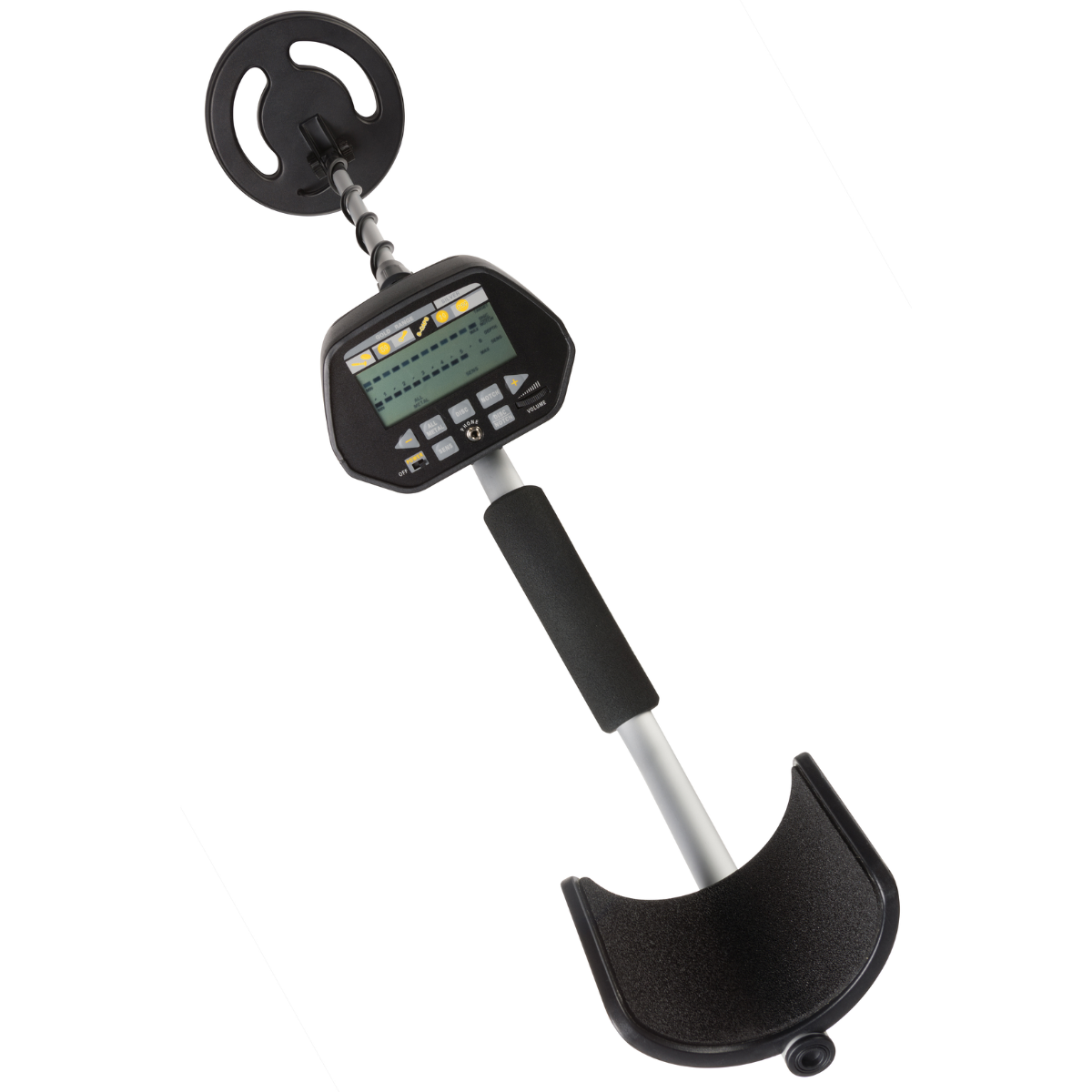 Detector de metales. Negro con pantalla, mango y bobina de búsqueda circular. Fondo blanco.