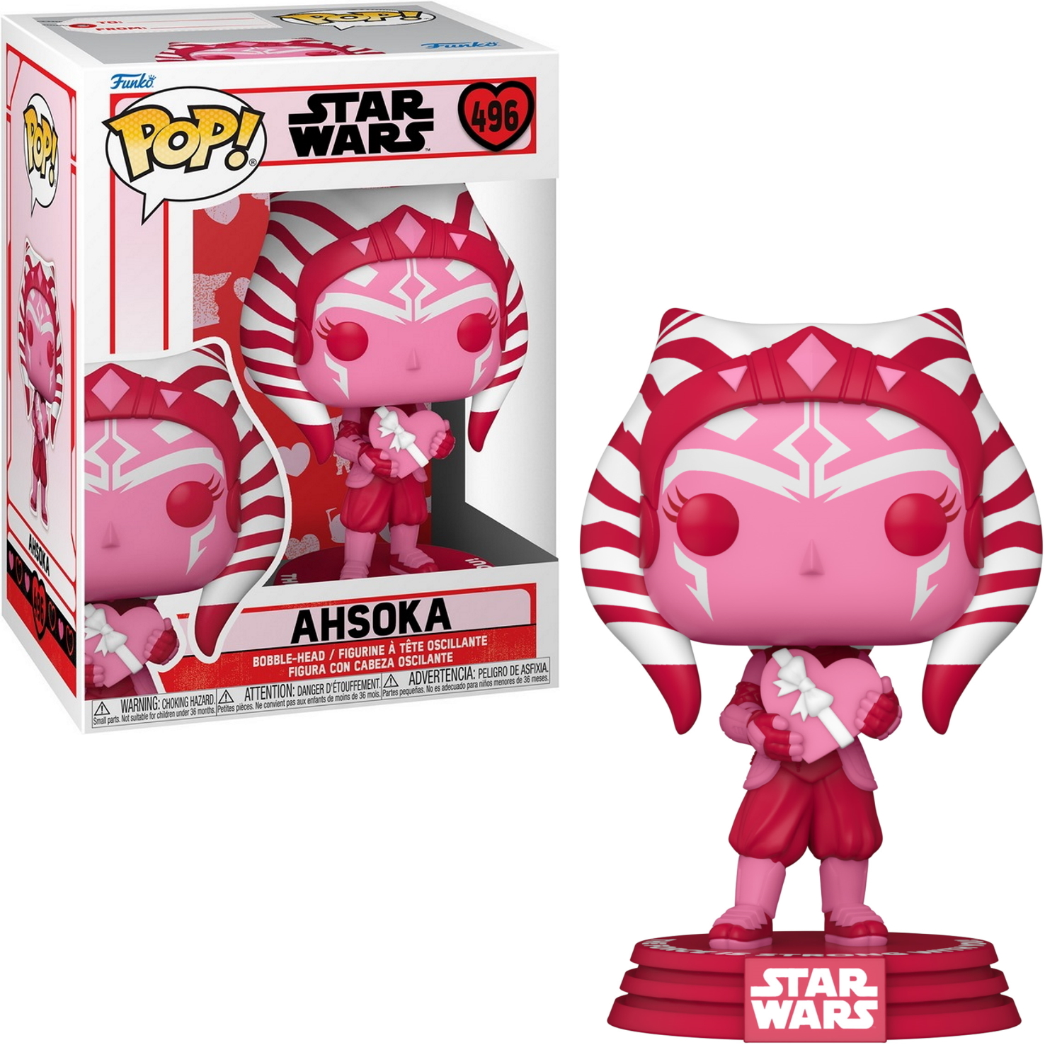 Ahsoka Tano Figur. Rosa und weiße Farben, hält ein Herz. Box im Hintergrund mit dem gleichen Design.