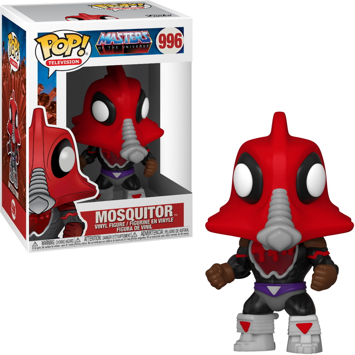 Eine Masters of the Universe Mosquitor Funko Pop Figur in und außerhalb der Box.