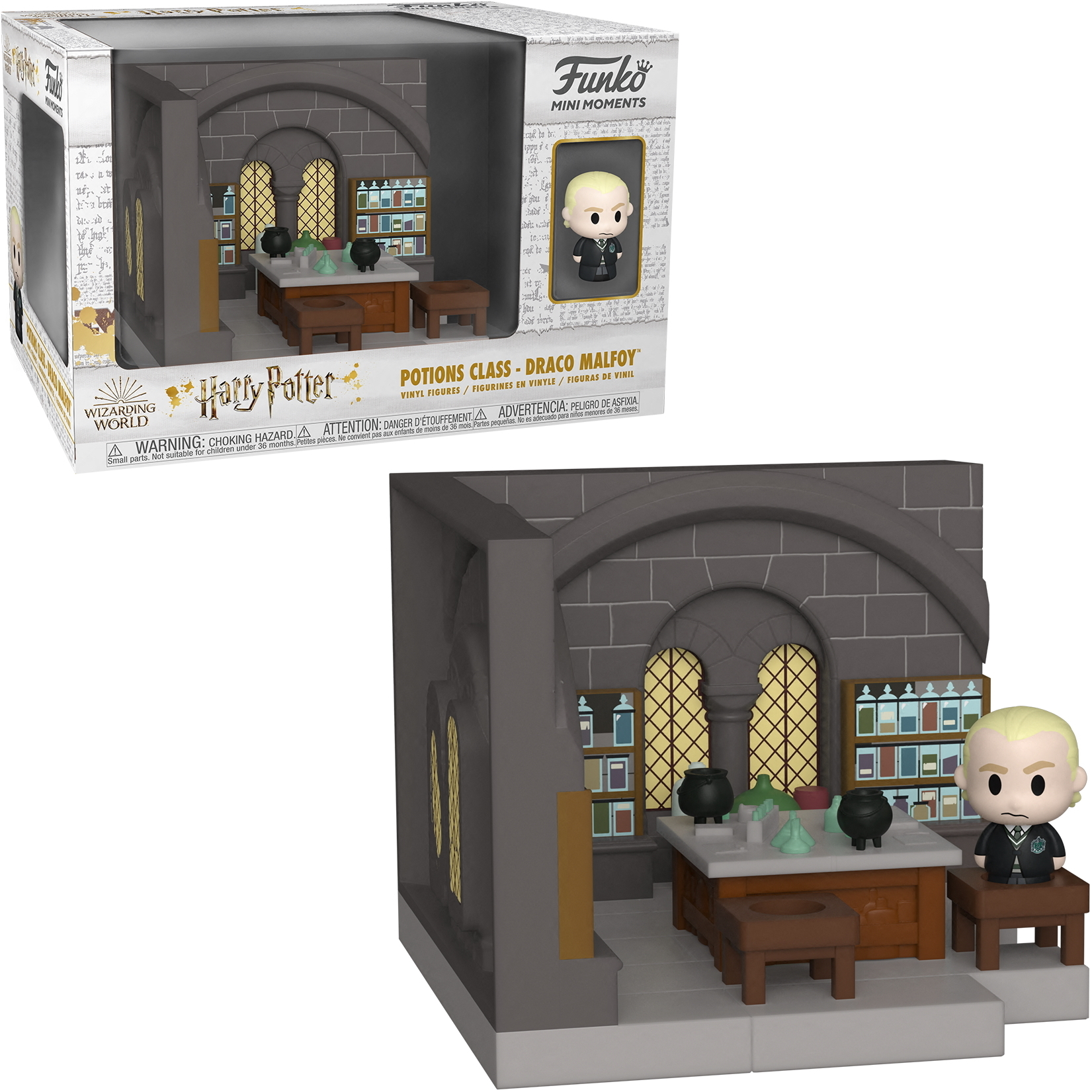 Un diorama Funko Pop de Draco Malfoy en clase de pociones, con una caja.