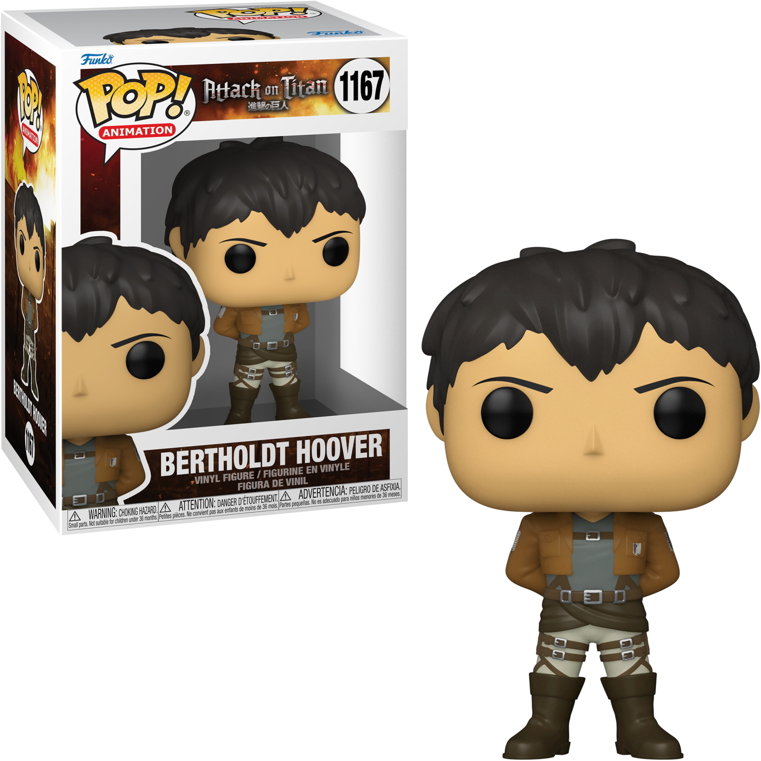Figura Funko Pop de Bertholdt Hoover, en caja y fuera. Chaqueta marrón, de pie.