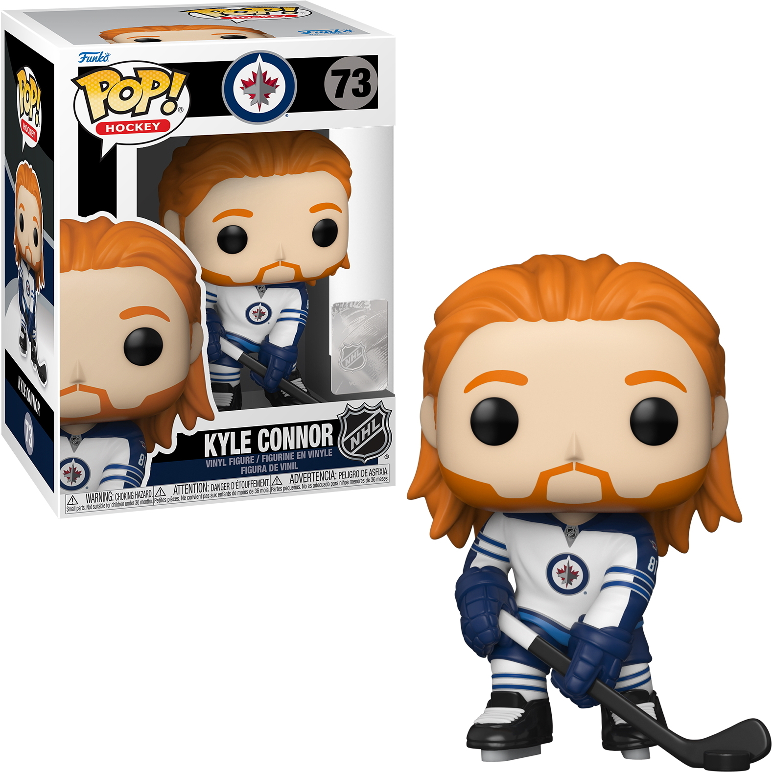 Kyle Connor Funko Pop! Figur im Winnipeg Jets Trikot, orangefarbenes Haar und Hockey Schläger.