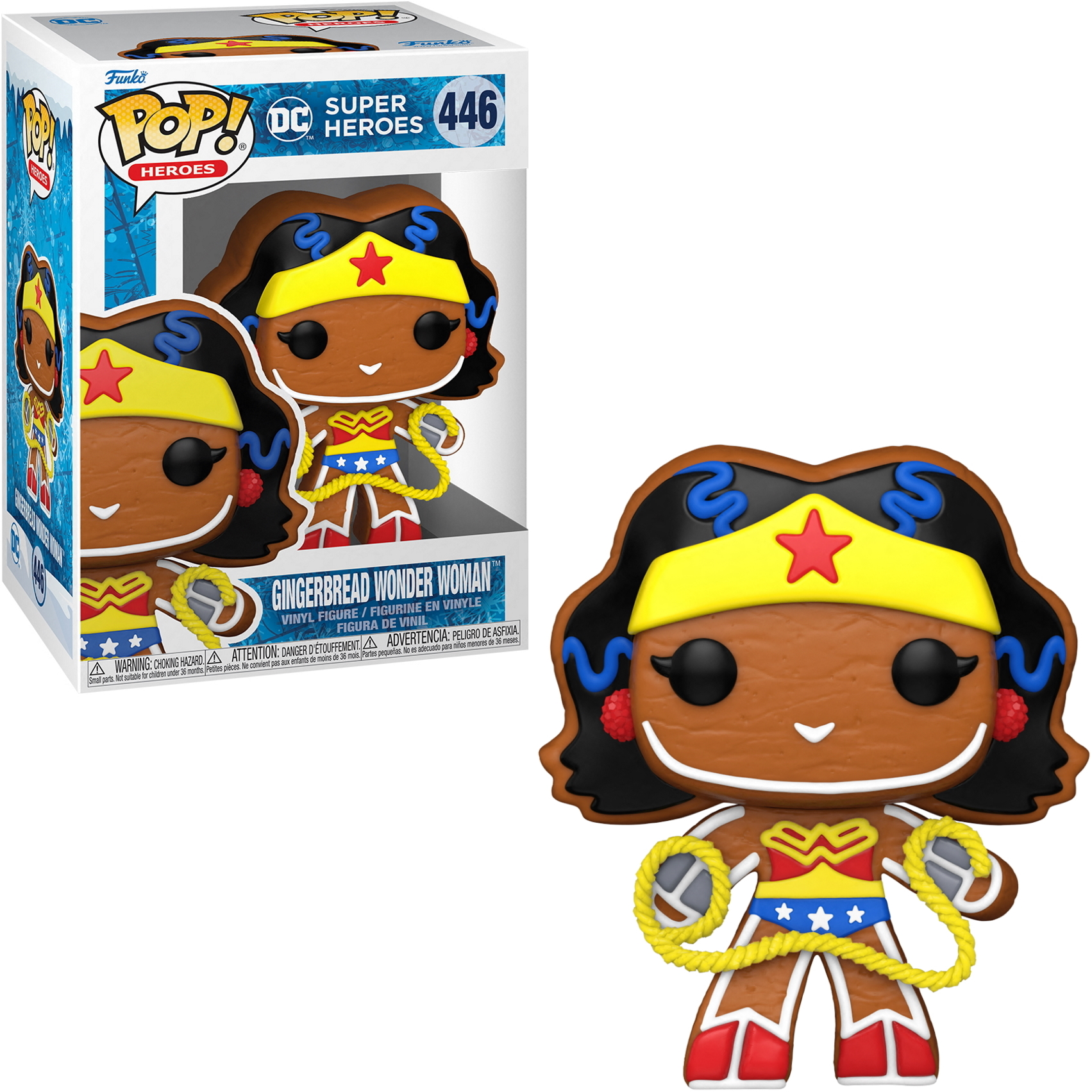 Funko Pop! di Gingerbread Wonder Woman. Scatolata, figura con dettagli del costume e accessori.