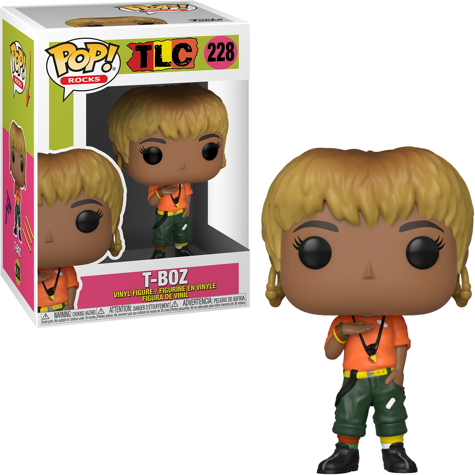 Eine Funko Pop Figur von T-Boz von TLC, mit Figur und Box sichtbar.