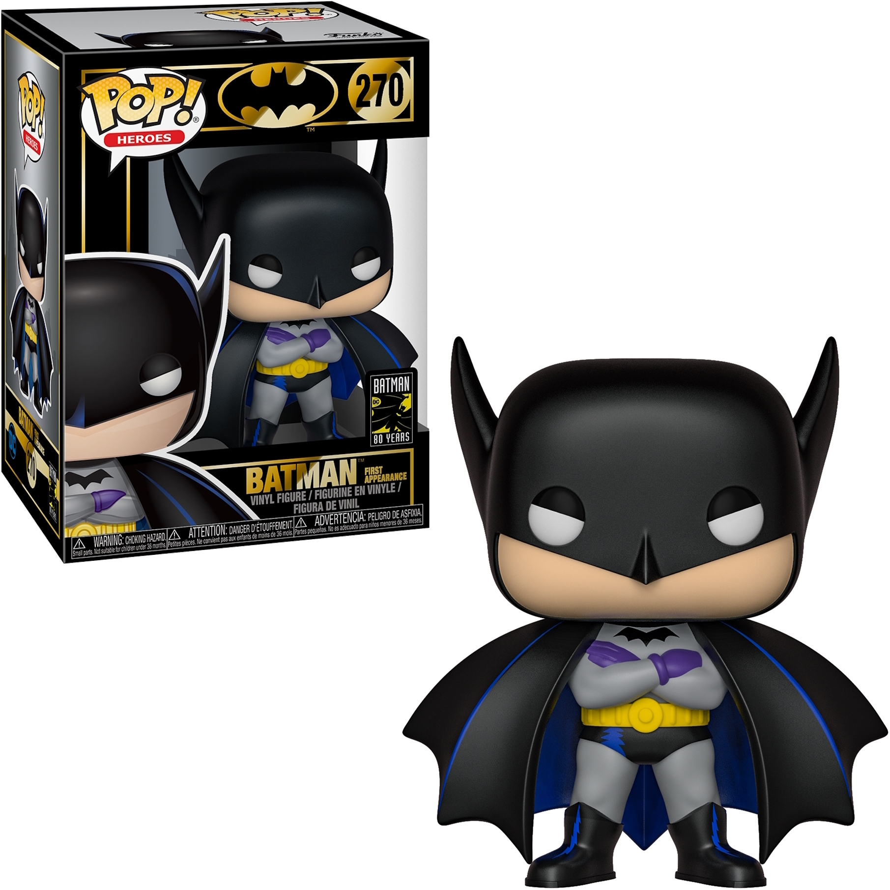 Figurka Funko Pop Batmana z pudełkiem. Nosi czarny strój i pelerynę z żółtym paskiem. Białe tło.