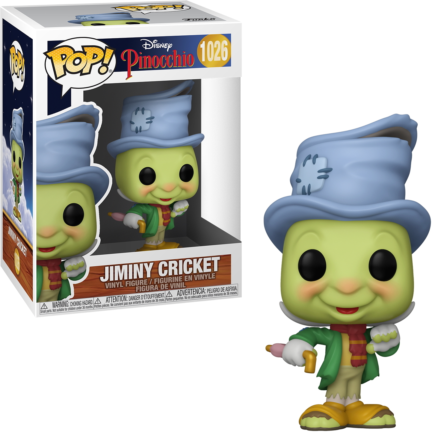 Figura Funko Pop de Jiminy Cricket. Grillo verde con sombrero azul y paraguas. Caja.