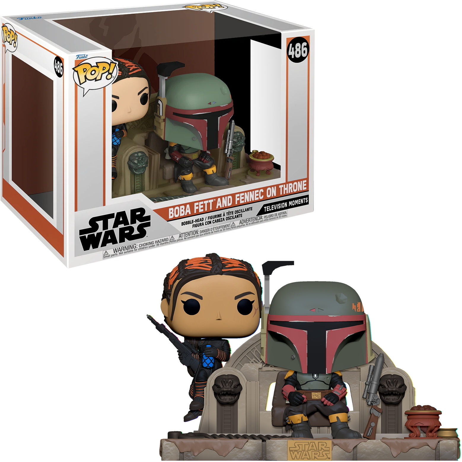 Personaggi di Boba Fett e Fennec Shand di Star Wars su un trono, in una scatola.