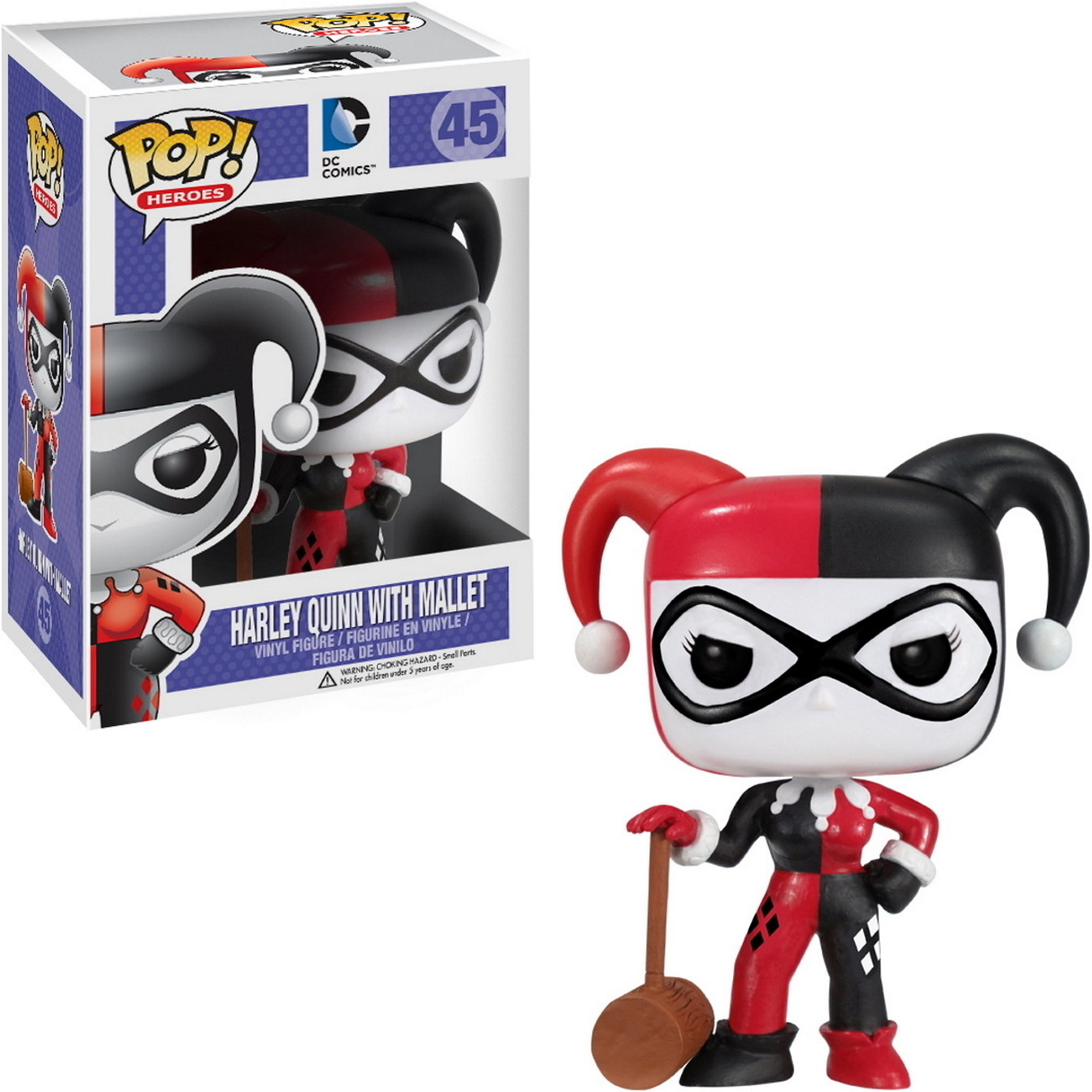 Un Funko Pop di Harley Quinn con una mazza, con la figura e la scatola visibili.