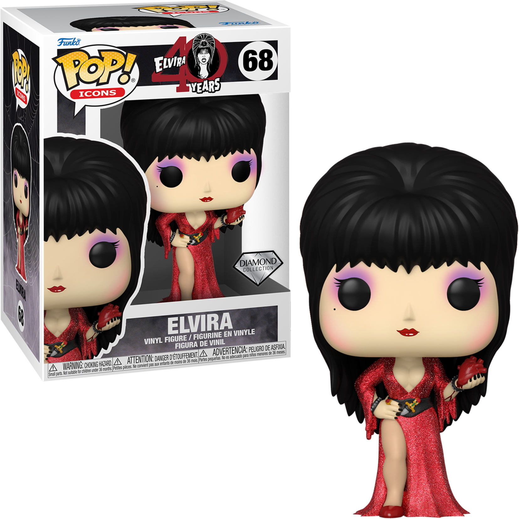 Elvira Funko Pop Figur, rotes Kleid, hält ein Herz. Box zeigt ihr Bild.