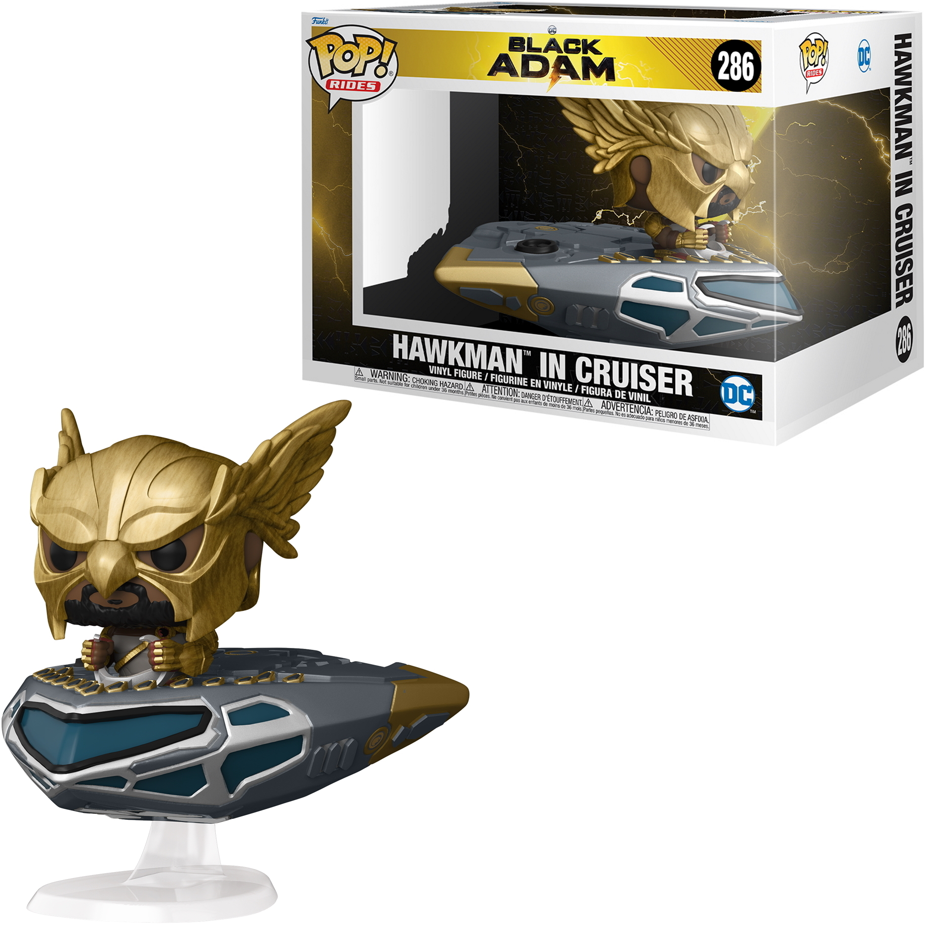 Figura di Hawkman in un incrociatore, in scatola. Elmetto alato d'oro. Dal film Black Adam, serie Funko Pop! Rides.