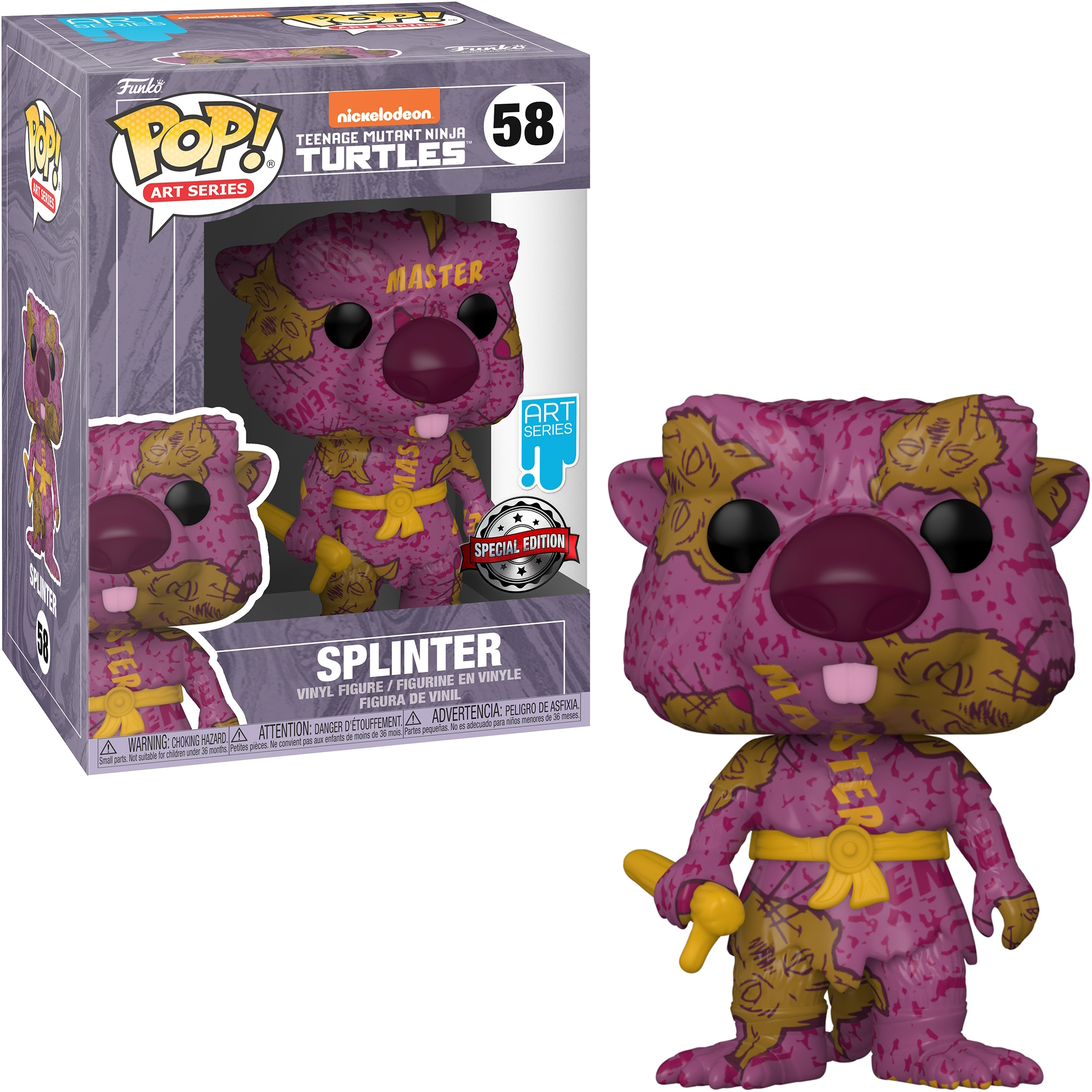 Funko Pop Figur von Splinter aus Teenage Mutant Ninja Turtles, in einer Box. Lila und braunes Farbschema.