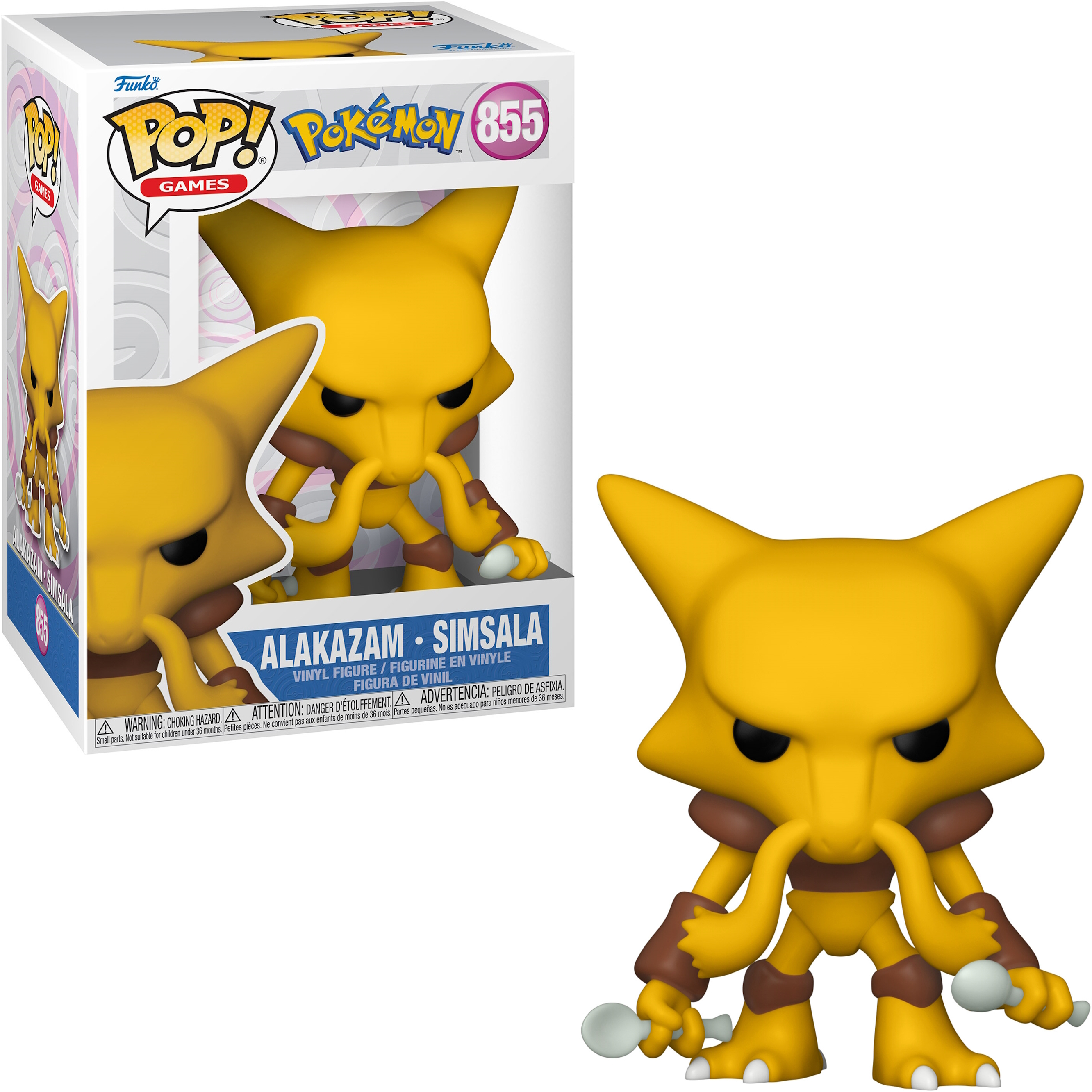 Alakazam Funko Pop Figur und Box. Gelbe Figur mit braunen Details, hält Löffel. Die Box ist sichtbar.