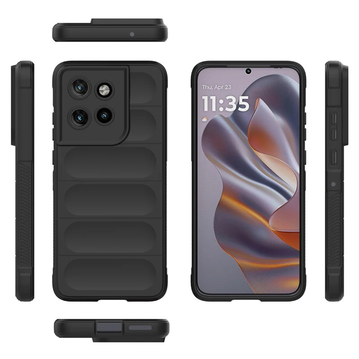 Zwarte telefoonhoes met camera cover en ringhouder. De hoes staat op een witte achtergrond.