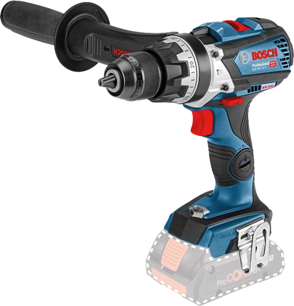 Bosch Akku-Bohrmaschine. Sie ist blau und schwarz, mit rotem Knopf und abnehmbarem Akku.