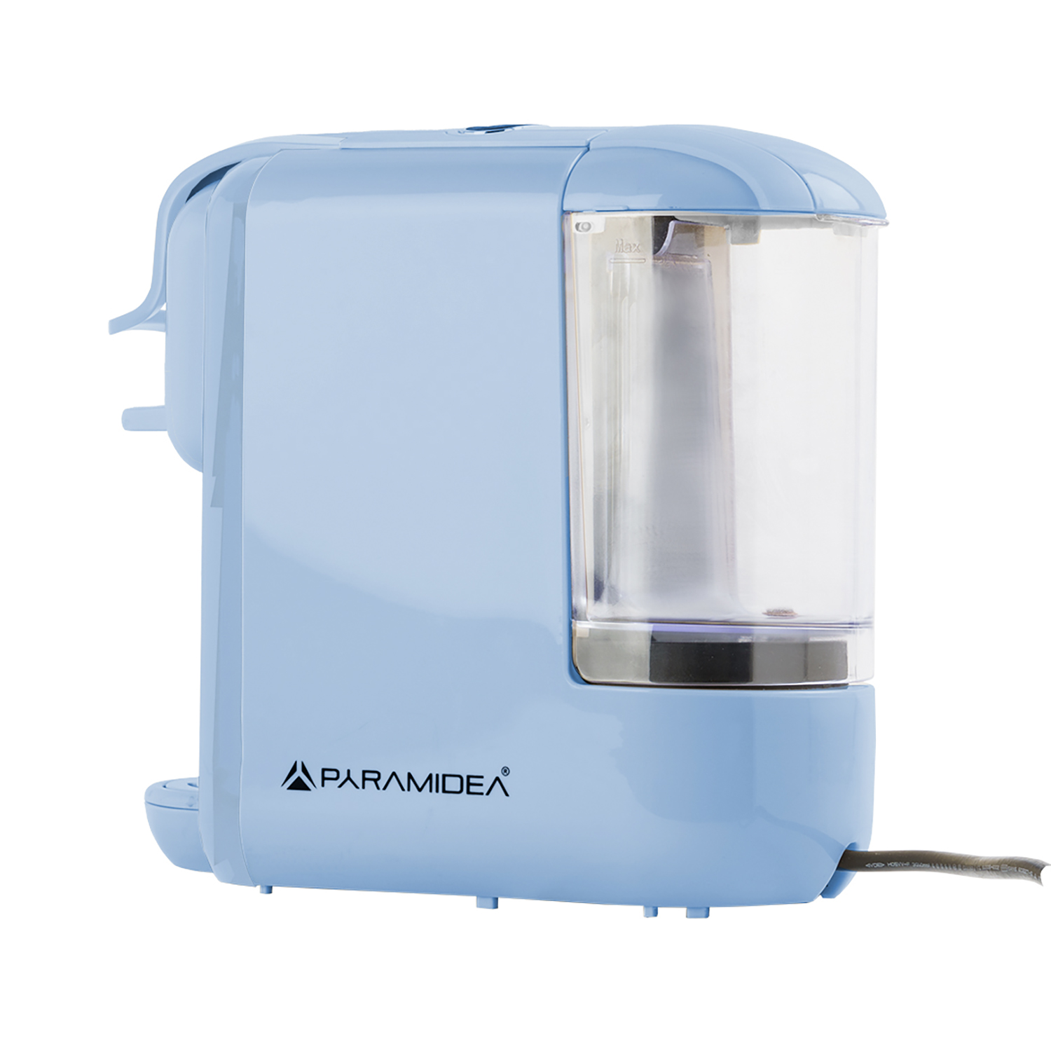 Caffettiera azzurra di Paramidea. Ha un serbatoio dell'acqua trasparente e un cavo di alimentazione.