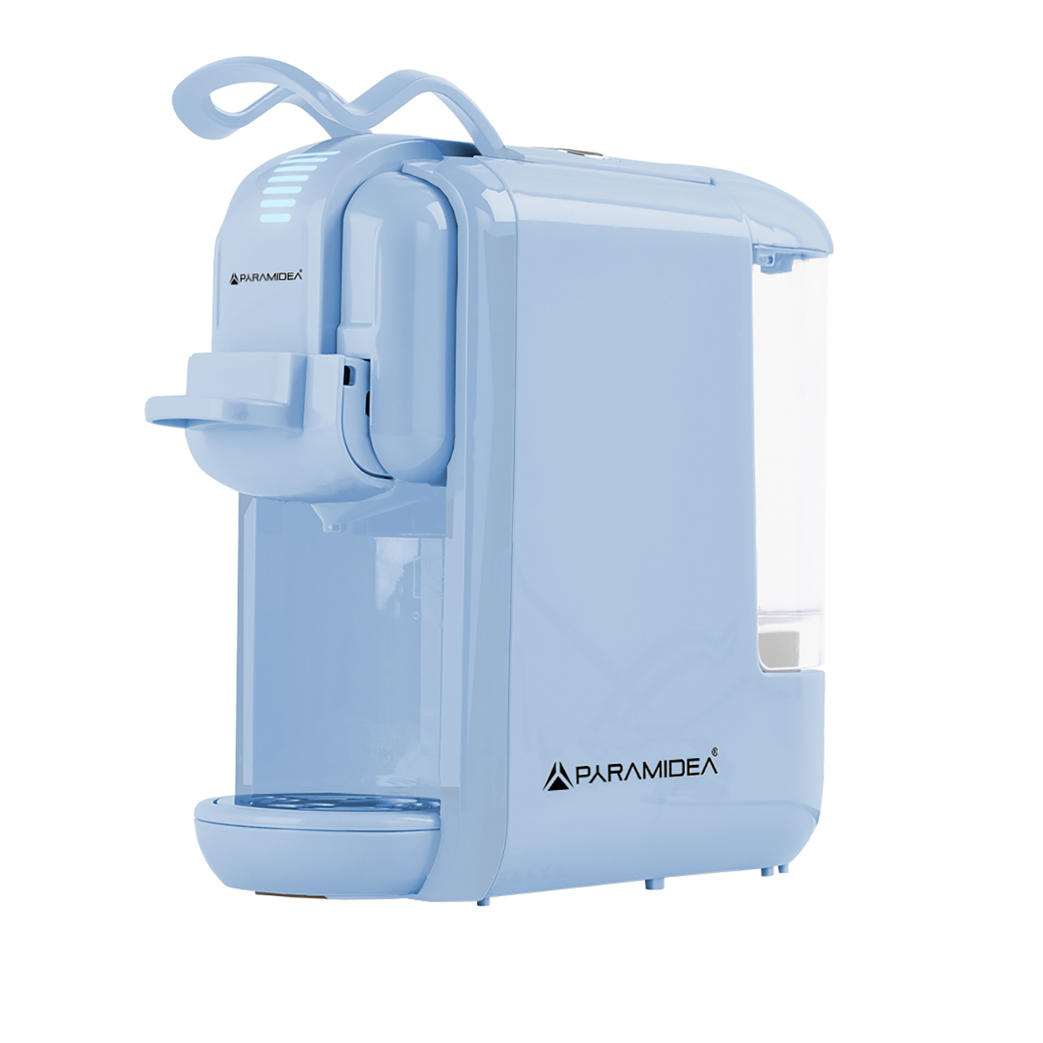 Una macchina da caffè Paramidea azzurra. Ha un design arrotondato con un serbatoio dell'acqua trasparente e una maniglia superiore.