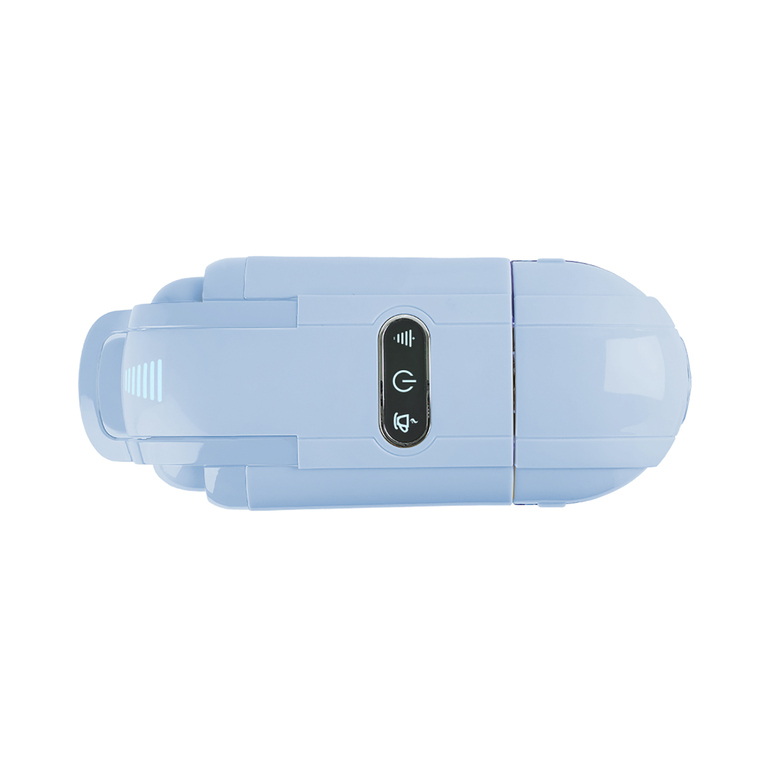 Un dispositivo elettronico azzurro con un pulsante di accensione e spie luminose sulla sua superficie.