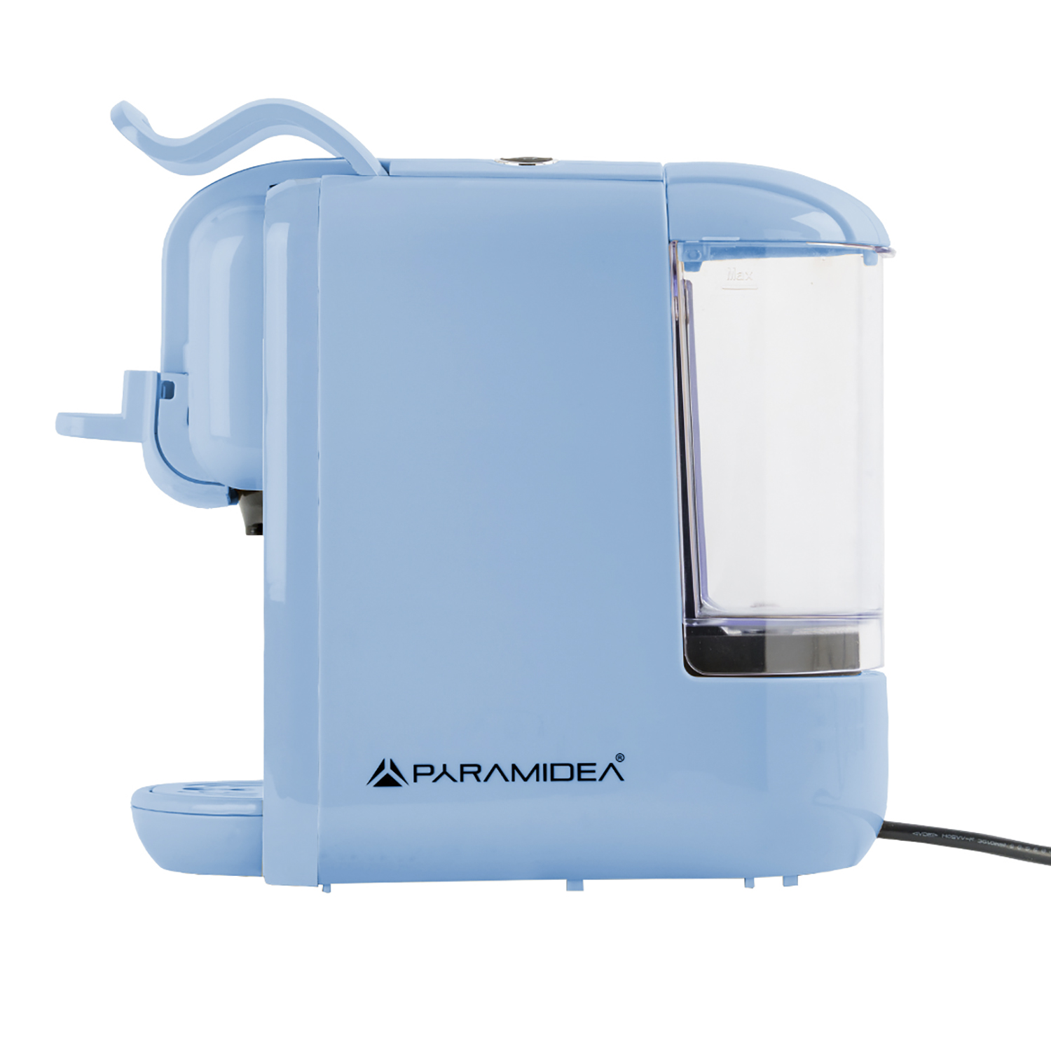 Macchina da caffè blu, vista laterale, con serbatoio dell'acqua e logo Paramidea.