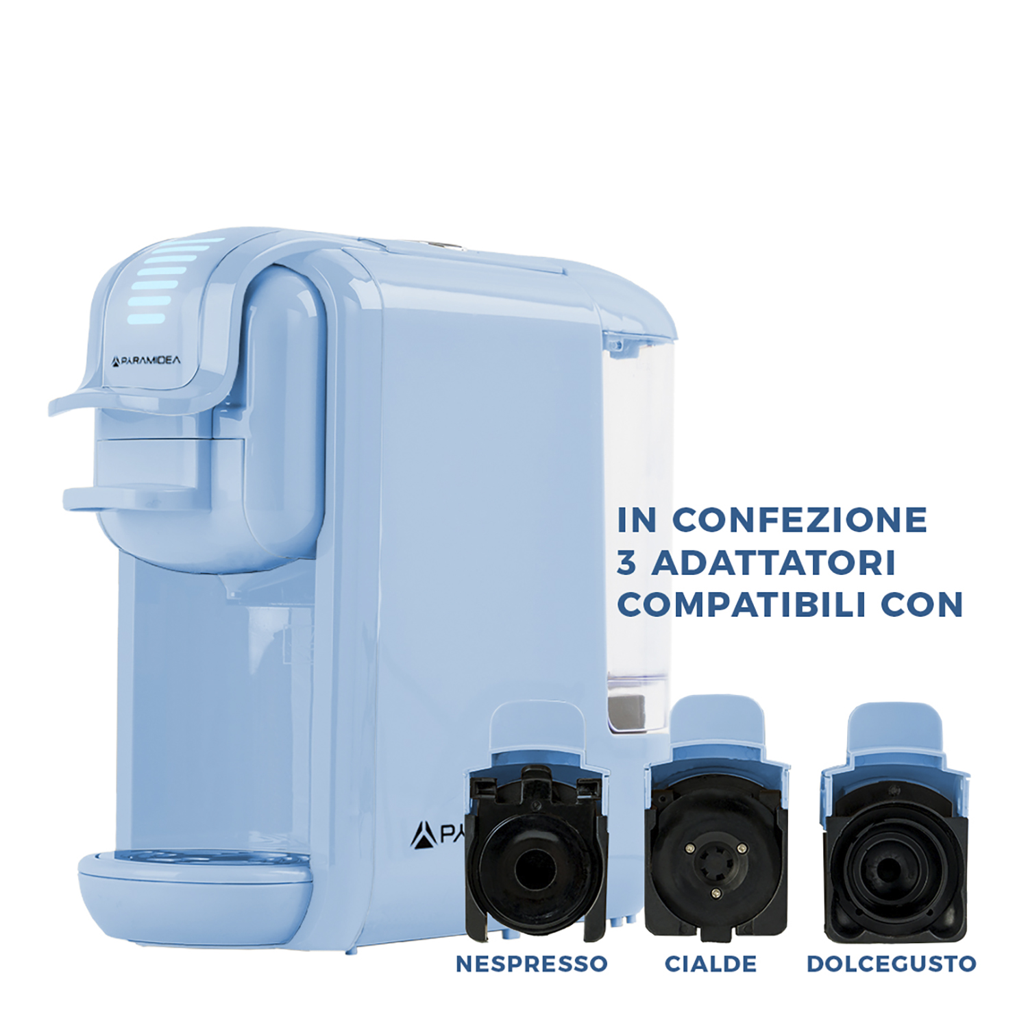 Macchina da caffè azzurra con 3 adattatori: Nespresso, Cialde, Dolcegusto. Testo: IN CONFEZIONE.