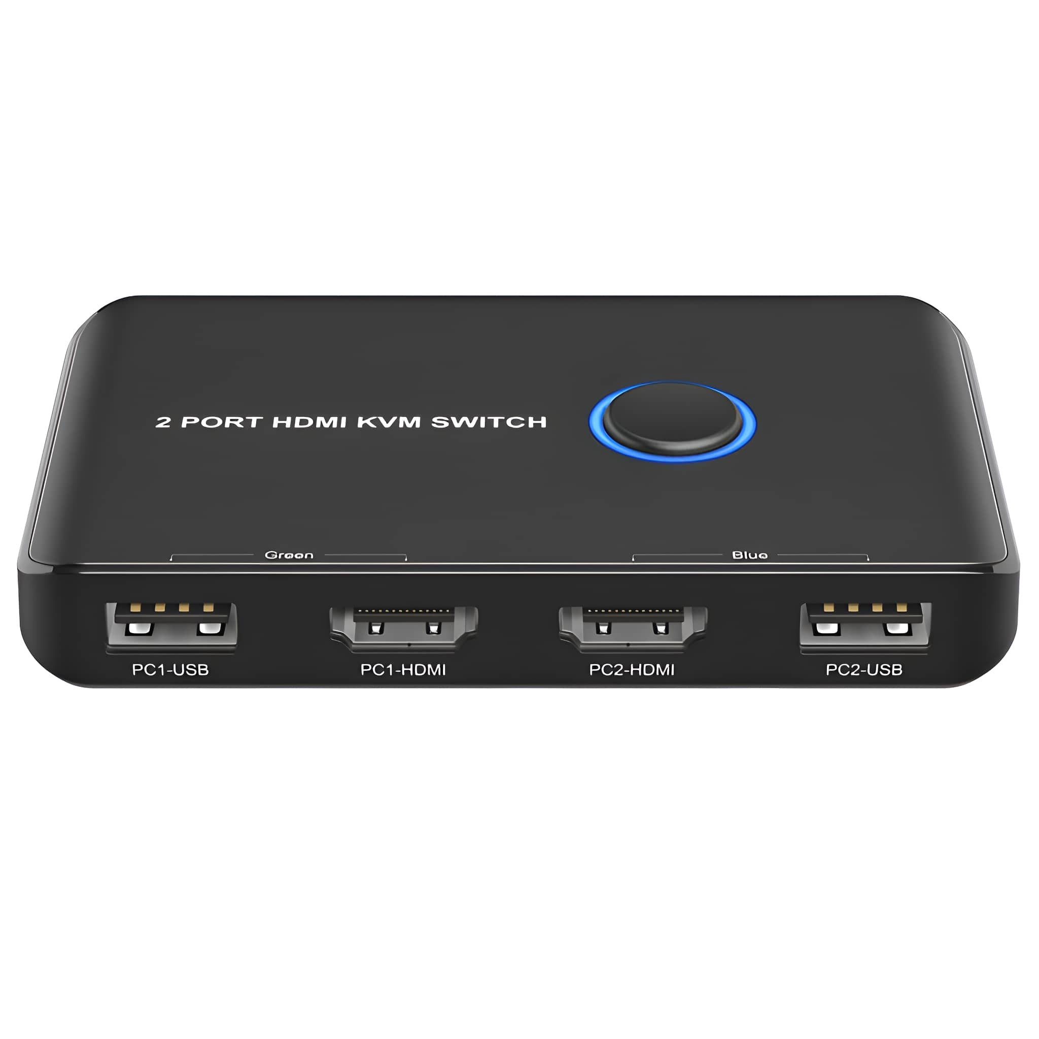 Schwarzer 2-Port-HDMI-KVM-Switch. Verfügt über Anschlüsse für PC1-USB, PC1-HDMI, PC2-HDMI und PC2-USB.