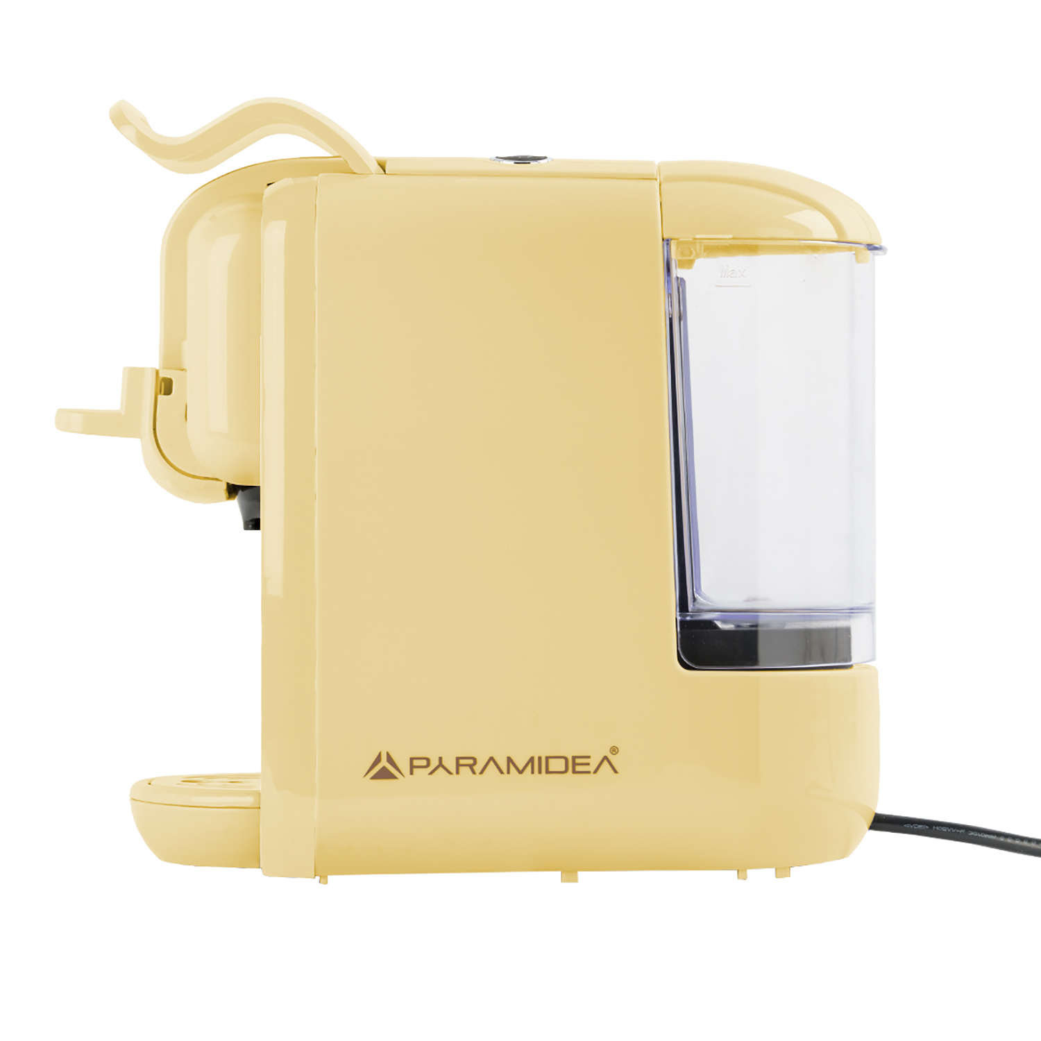 Macchina da caffè beige, vista laterale. Include un serbatoio dell'acqua e il logo Paramidea.