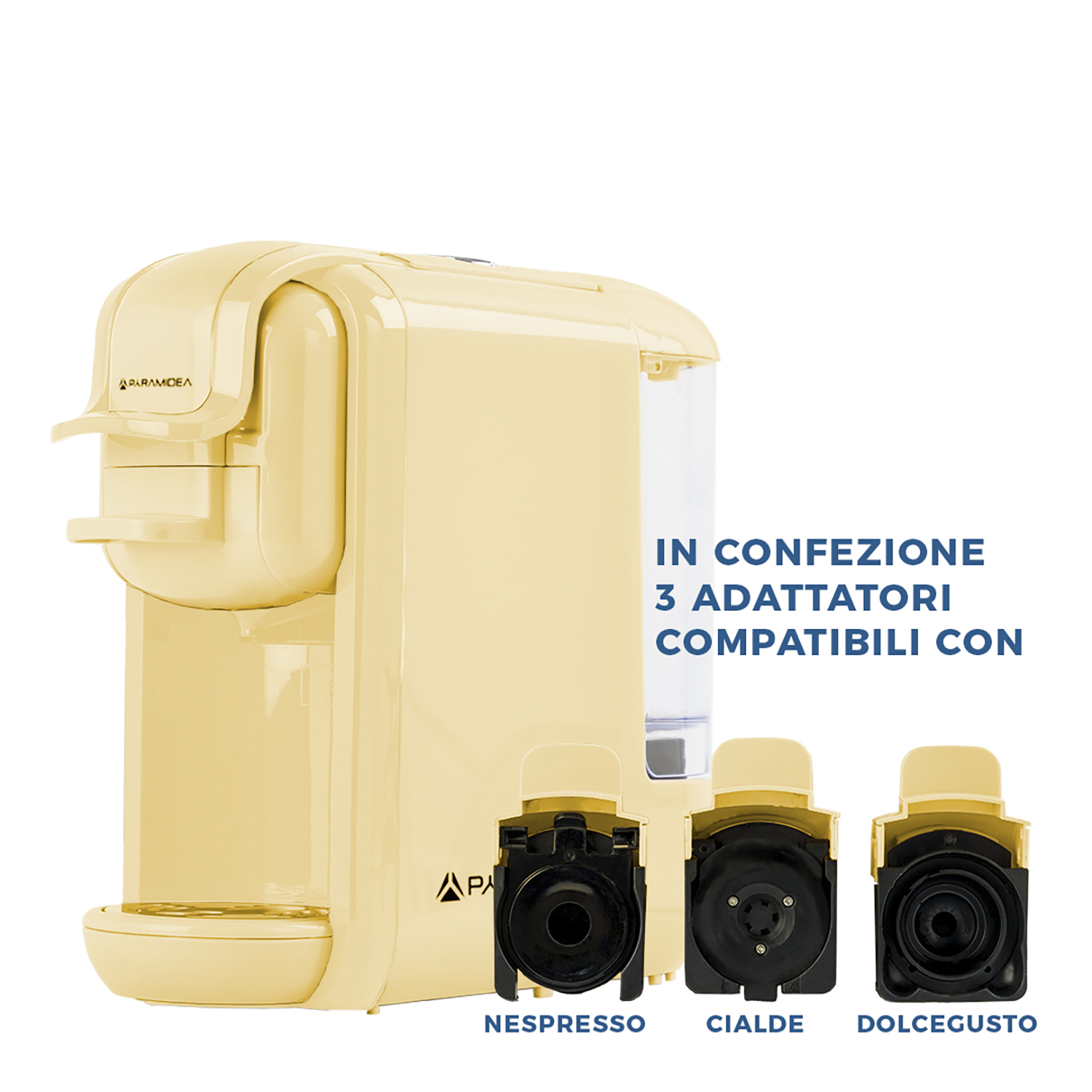 Macchina da caffè crema con 3 adattatori. Testo: Nespresso, Cialde, Dolcegusto.